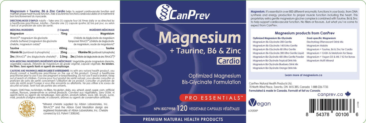 CanPrev Magnesium Bisglycinate, Taurine & Zinc, 120 Capsules, 30-Day Supply