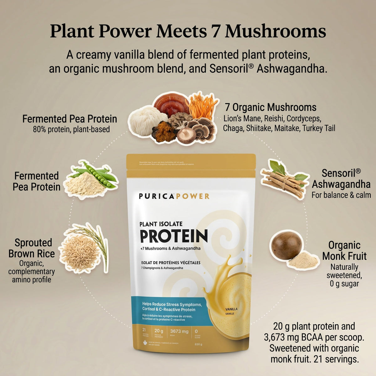 PURICA Vanilla Protein Powder, 7 Mushroom Blend, Pea & Rice Protein, 630 g