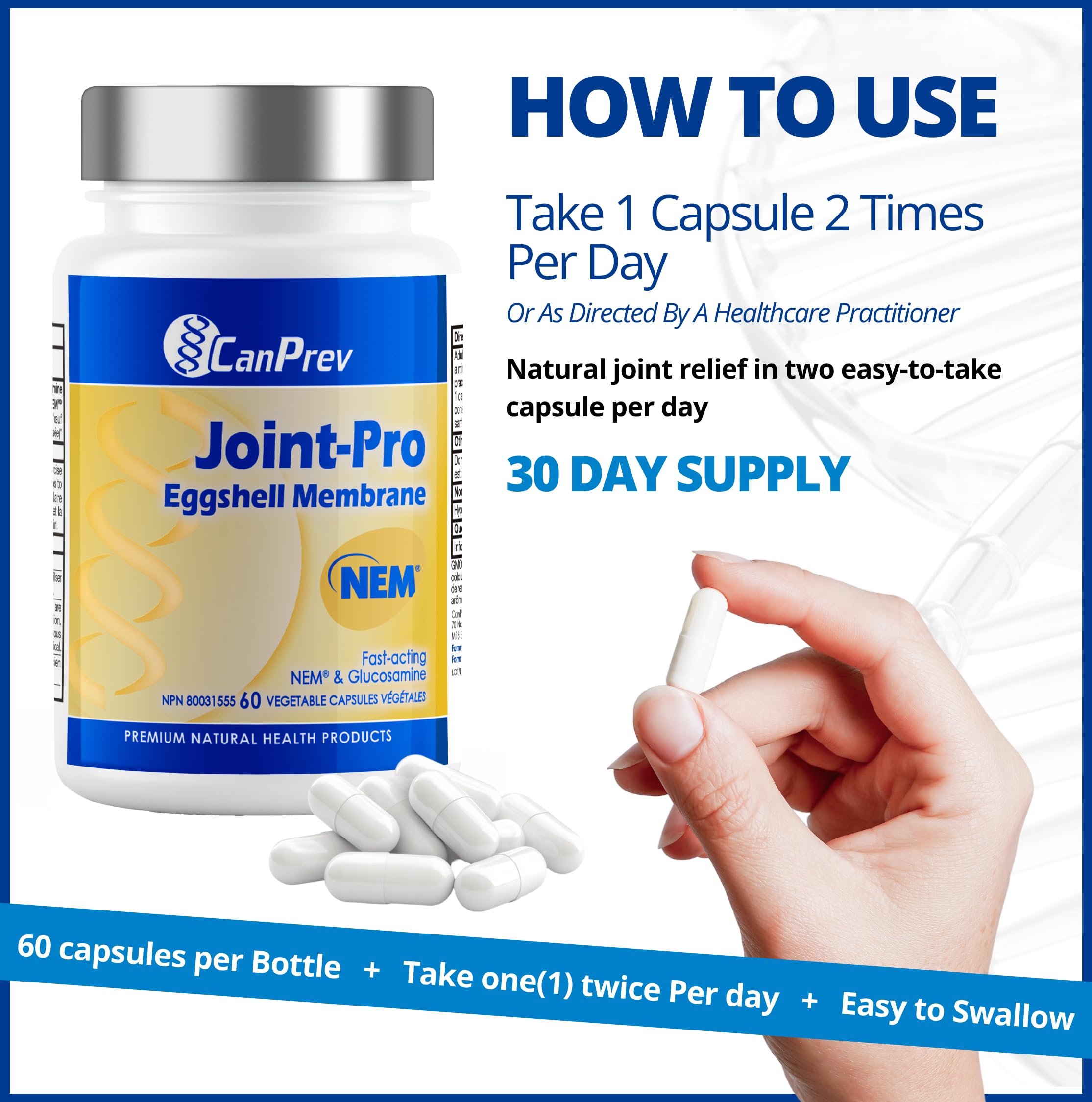 CanPrev Joint-Pro NEM Natural Eggshell Membrane, 60 V-Caps 30 Days Supply - NEM Supplement for Joint Comfort, Flexibility and Improve Recovery - Promotes Cartilage Function - Encourages Easy Movement