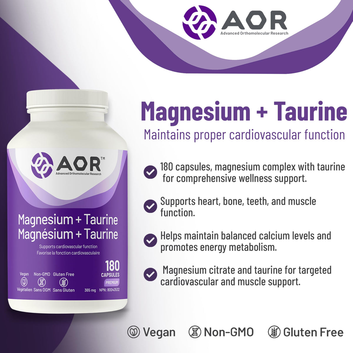AOR Magnesium Taurine Capsules, Vegan, Non-GMO, 180 Capsules, 36 Day Supply