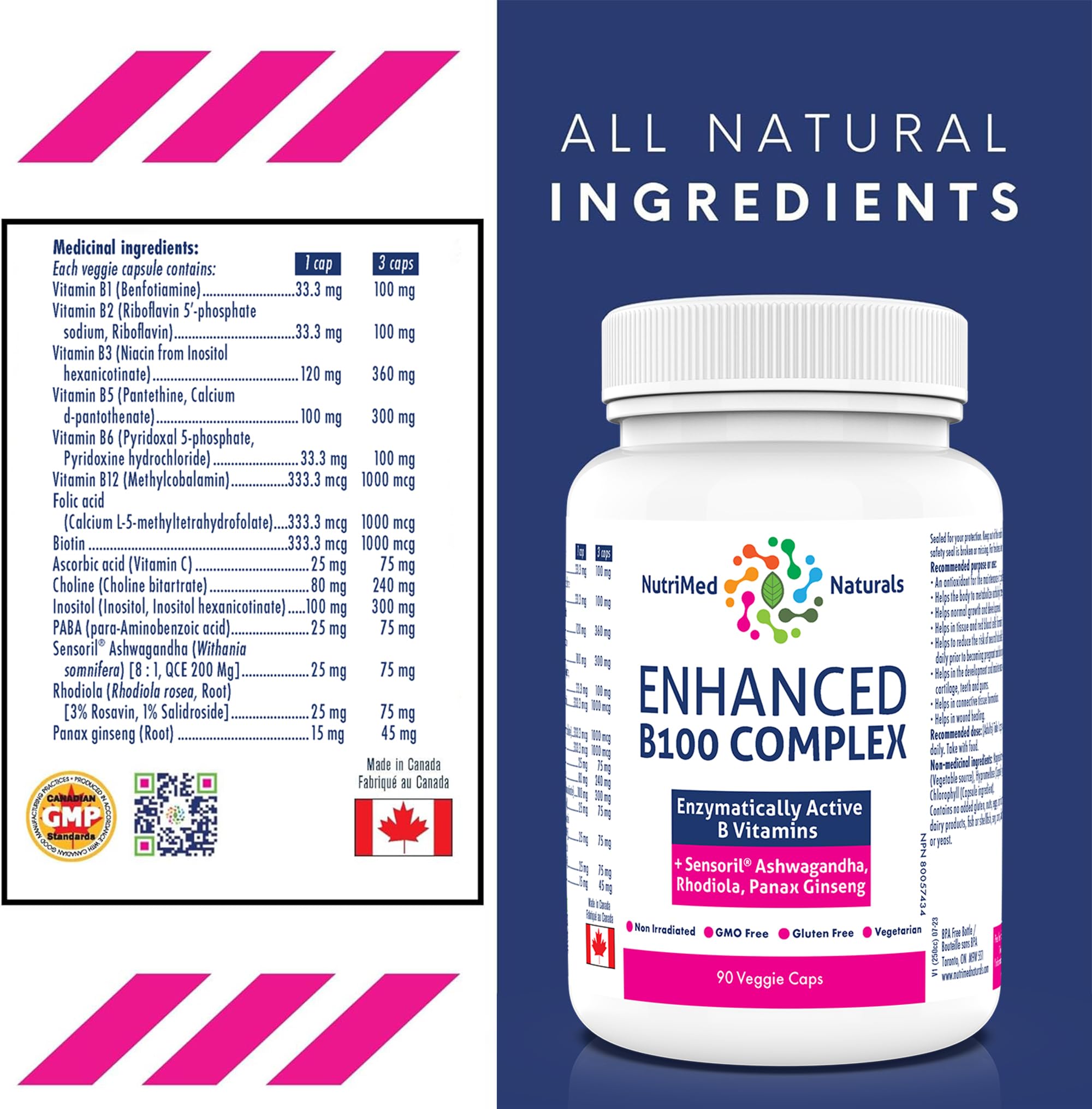 Nutrimed Naturals - Complexe B100 Amélioré, 90 Gélules (approvisionnement de 30 jours) - Supplément de Vitamines B - Santé Osseuse, Dents, Gencives et Réparation du Cartilage - Testé par des Tiers - Formulé et Fabriqué au Canada