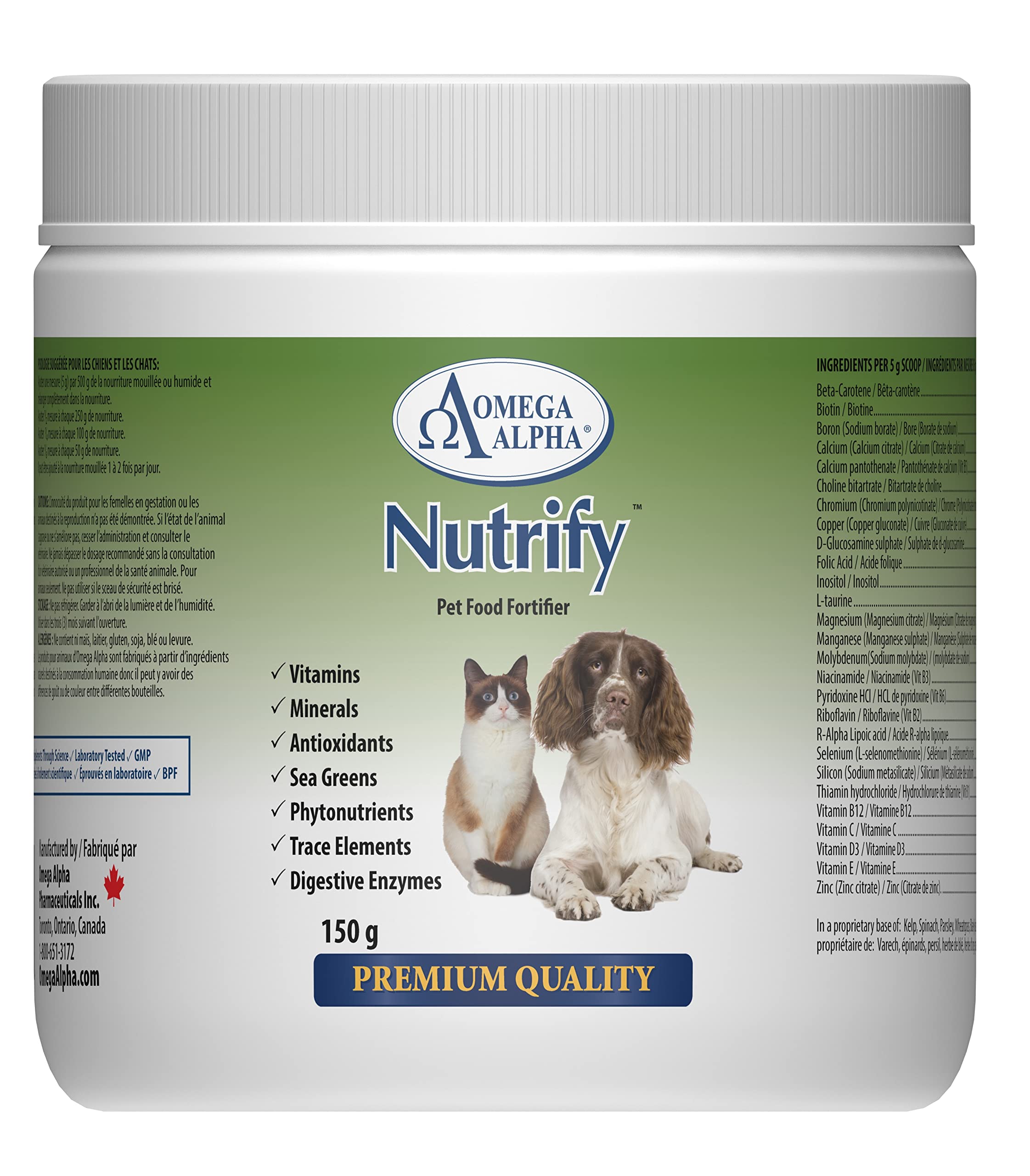 Omega Alpha Nutrify Poudre Multivitaminée pour Chiens et Chats 150g, Minéraux Complets et Antioxydants pour le Soutien des Articulations, de la Peau, du Pelage et de la Digestion, Formule Fabriquée au Canada