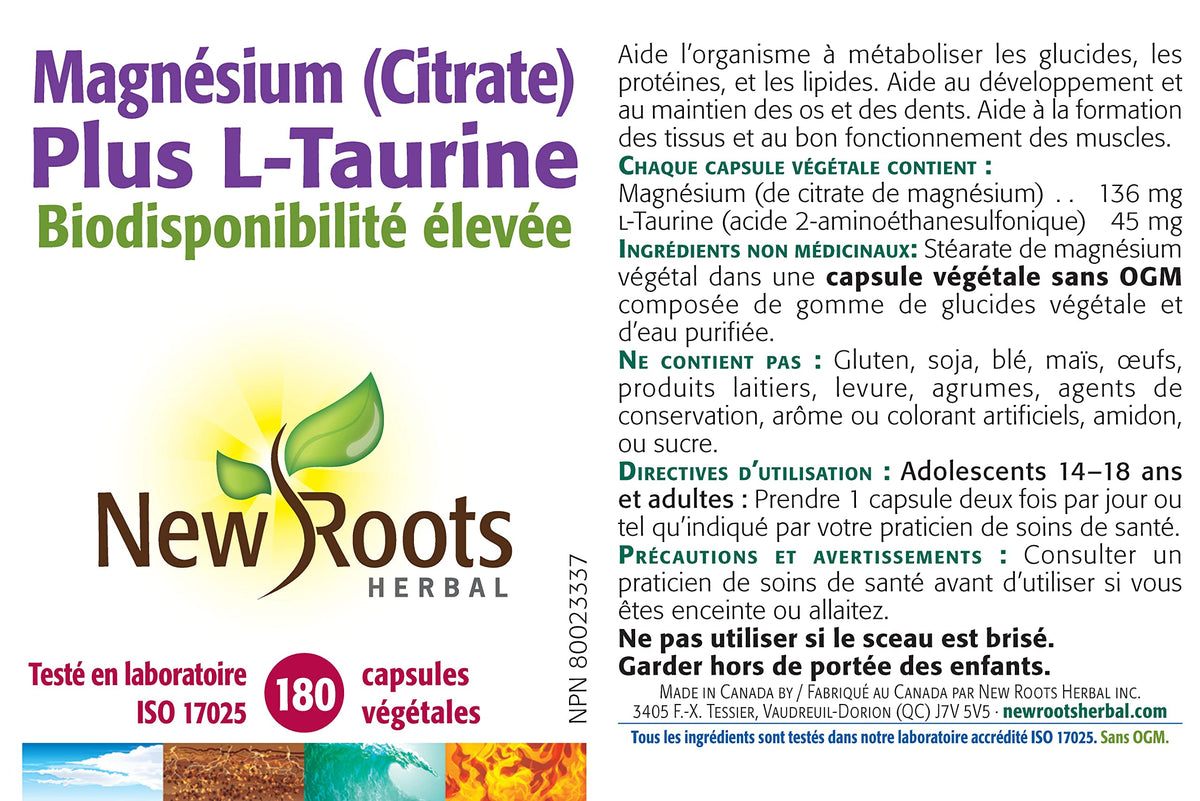 New Roots Herbal Magnesium Citrate L Taurine Caps, 180 Caps, 90 Day Supply