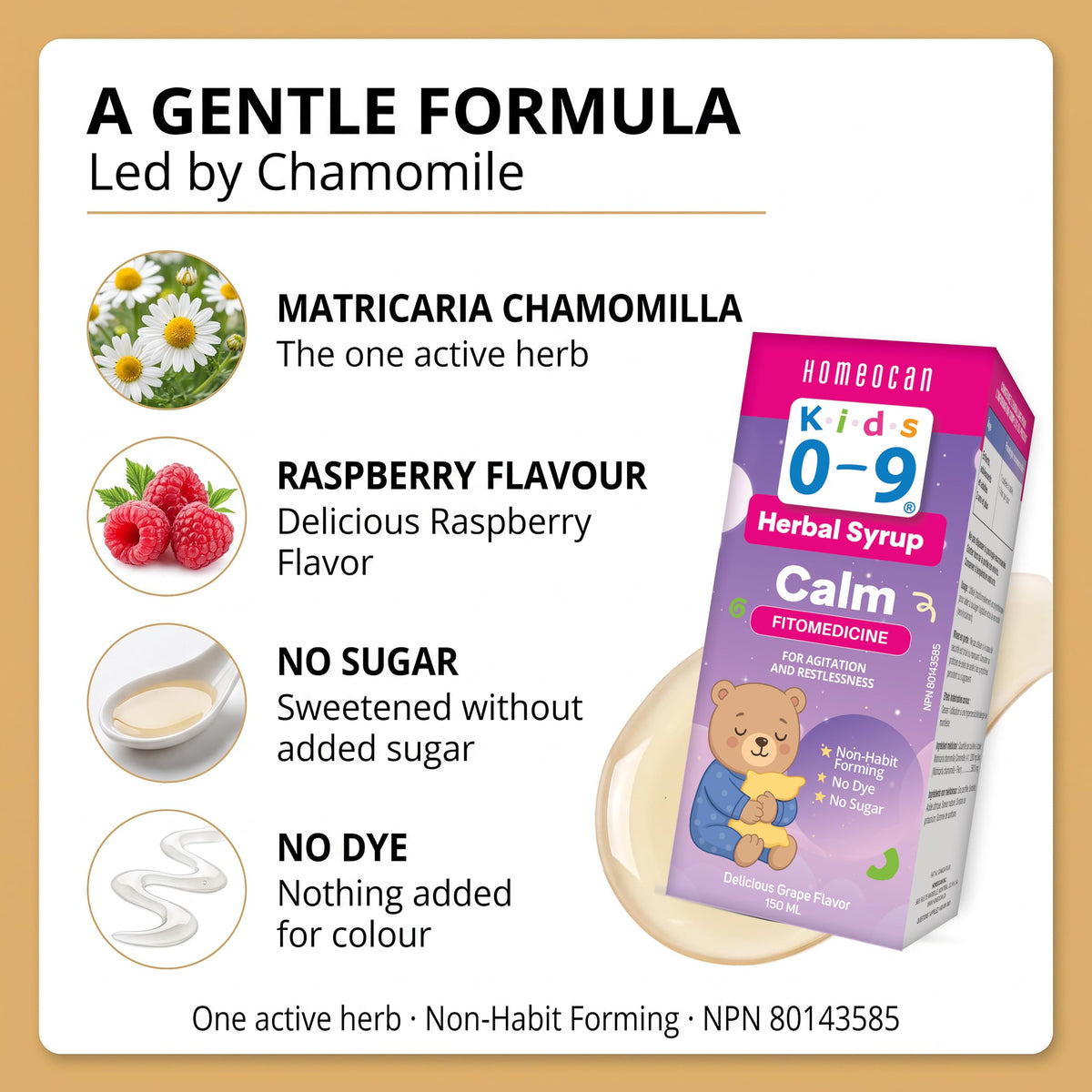 Homeocan Kids 0-9 Herbal Syrup Calm, Chamomile Supplement for Relaxation & Emotional Balance, Grape Flavor, 150ml, Non Habit Forming, Dye & Sugar-Free