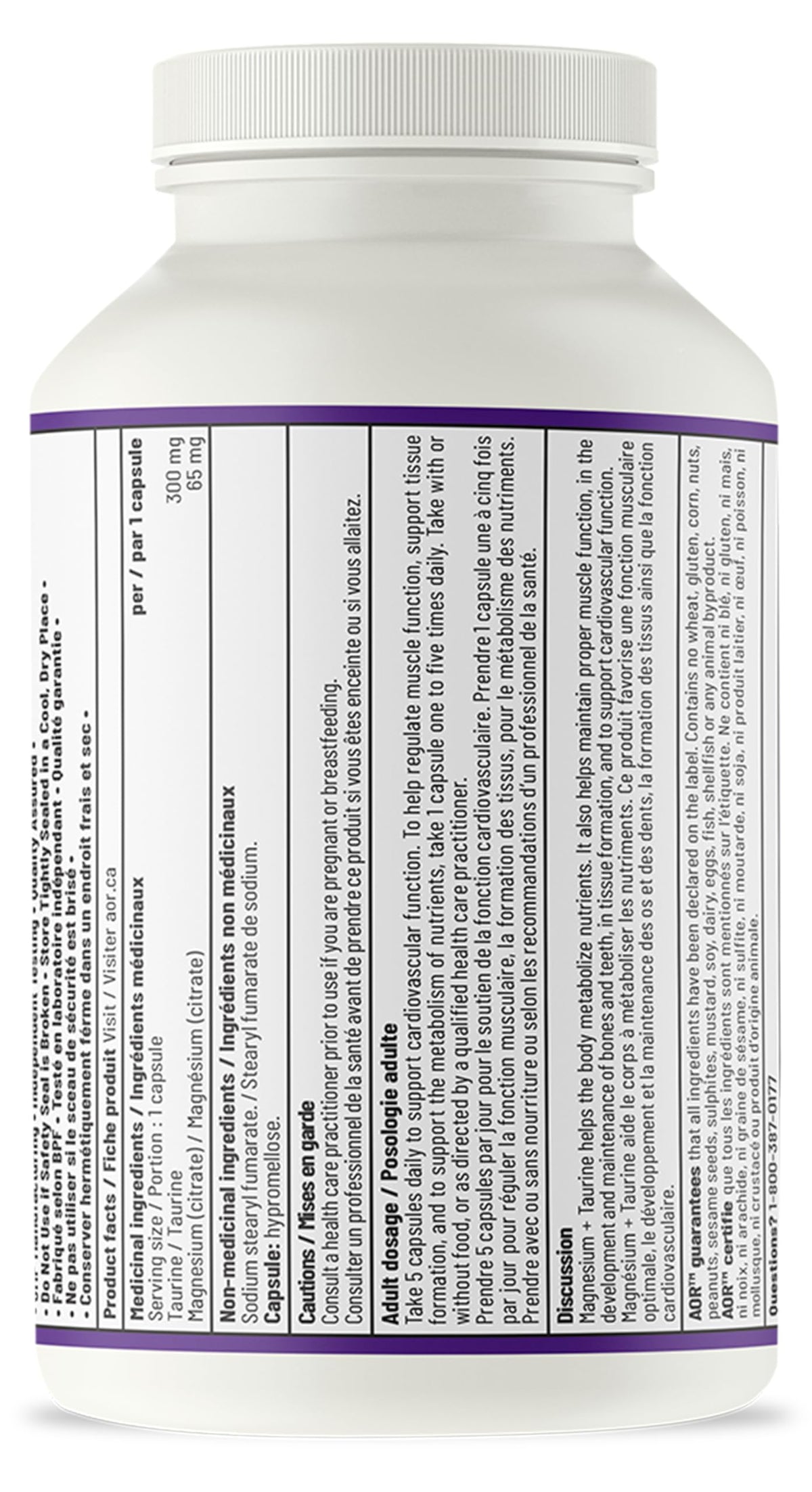 AOR Magnesium Taurine Capsules, Vegan, Non-GMO, 180 Capsules, 36 Day Supply