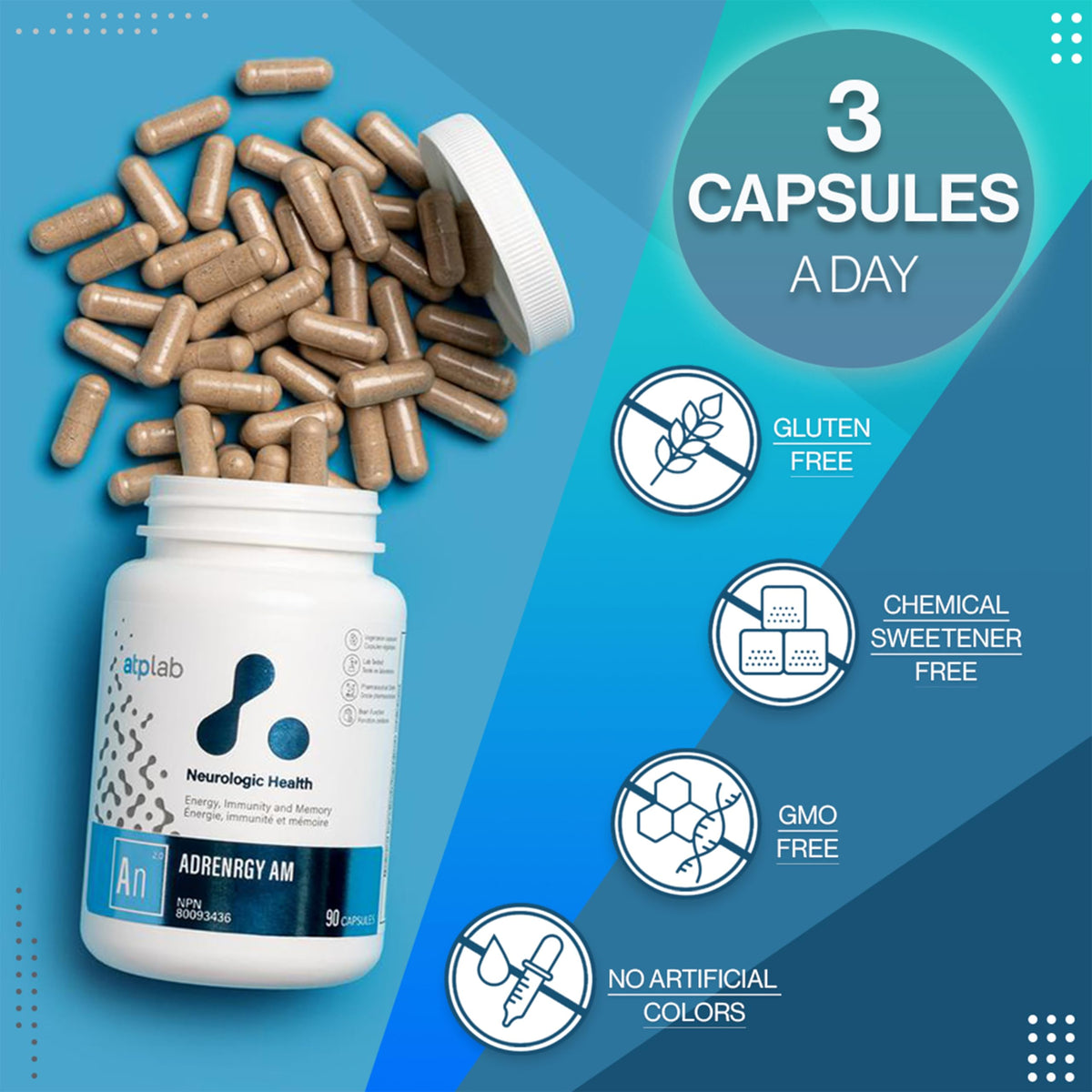 atplab AdrenRGY AM, Ashwagandha, Rhodiola Rosea, Vitamin C, B12, 90 Caps