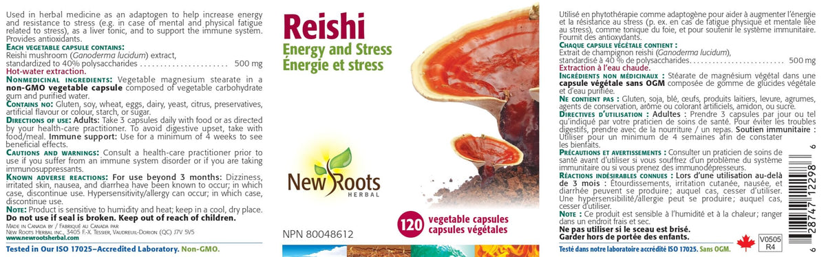 New Roots Herbal Reishi Mushroom Supplement, 120 Veg Caps, 40 Day Supply