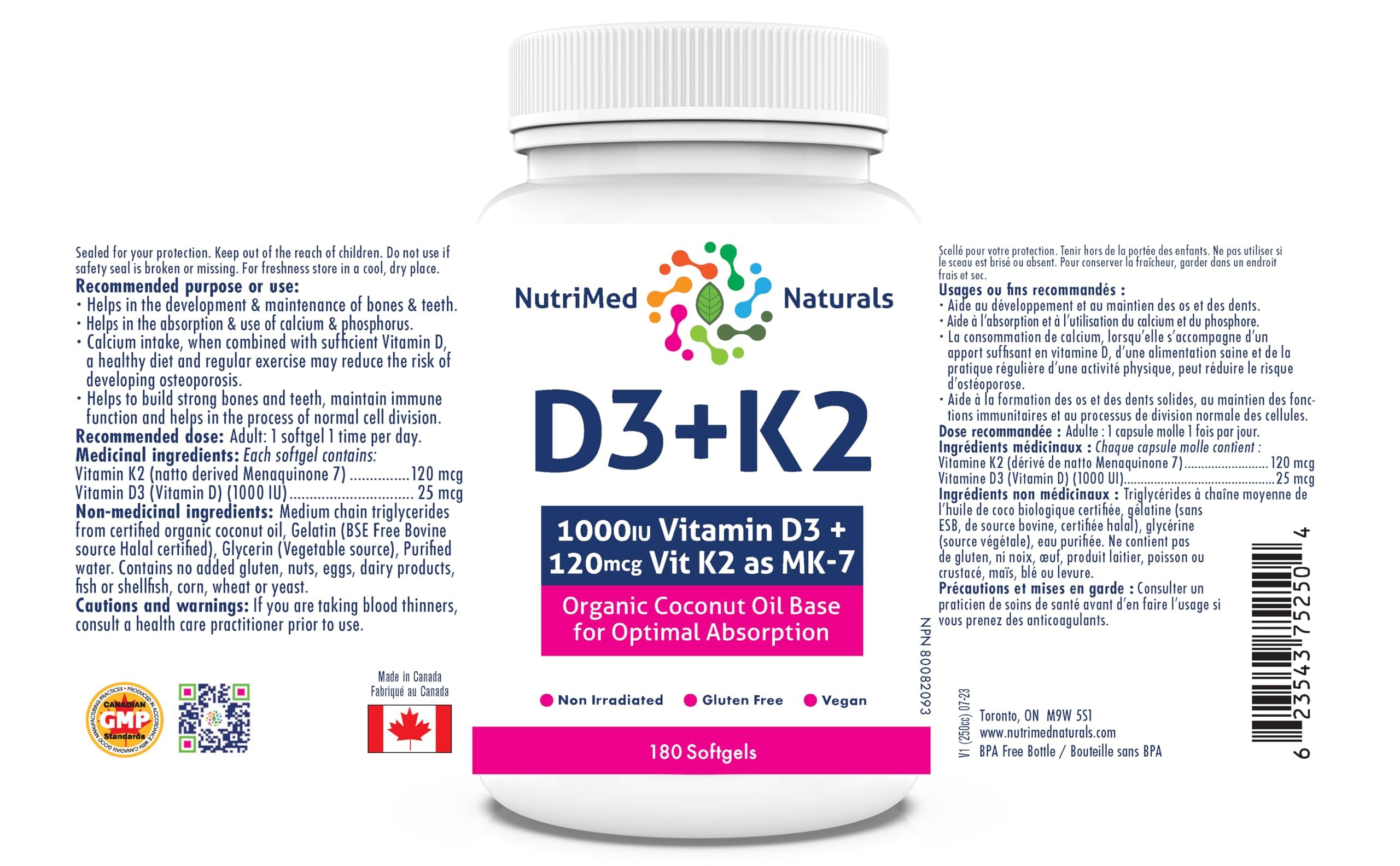Nutrimed Naturals - D3 + K2, 180 Softgels 180-Day Supply - Optimal Absorption with Organic Coconut Oil Base, MK7 K2 Vitamin for Bone and Heart Health - 3rd Party Tested - Formulated & Made in Canada