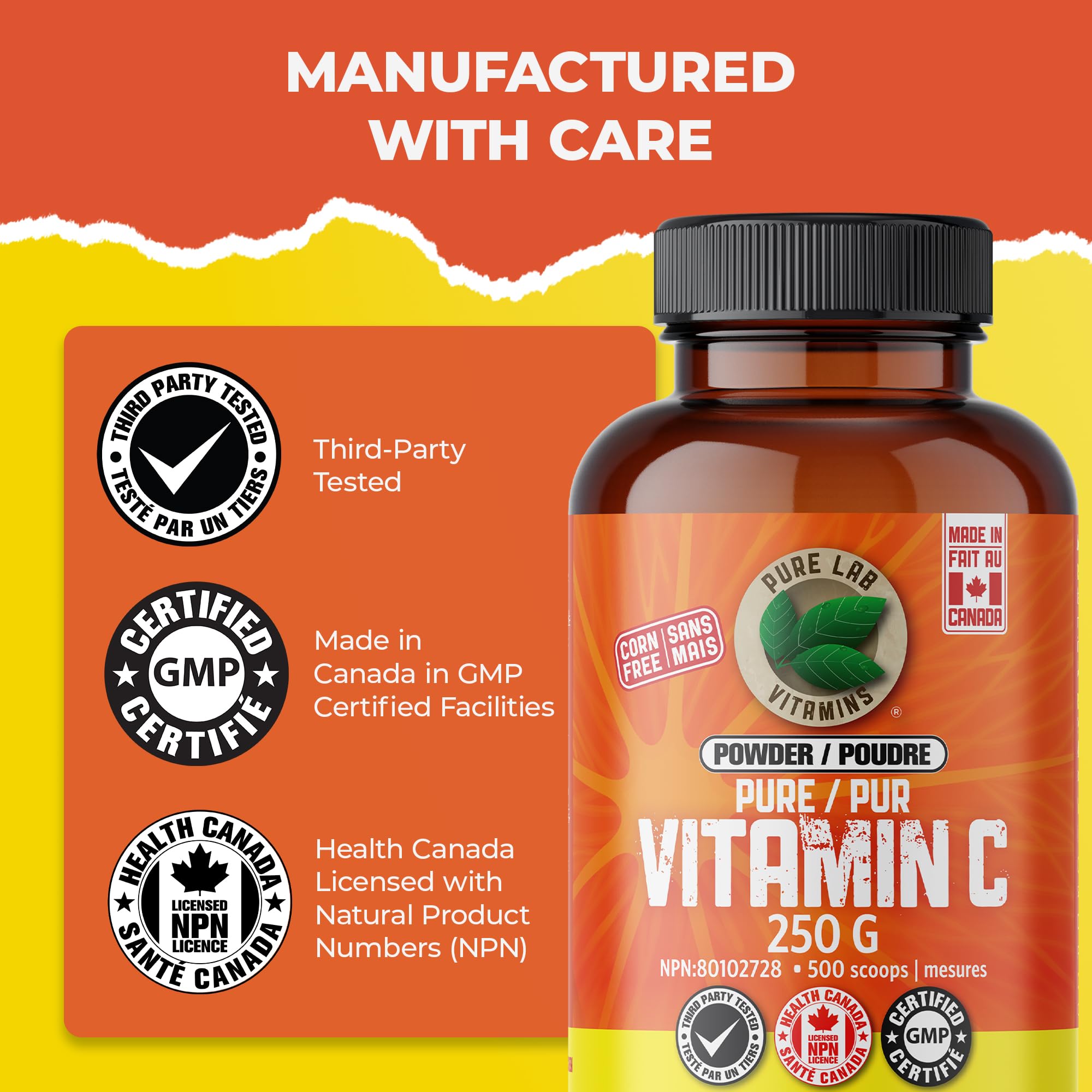 Pure Lab Vitamins Vitamine C sans maïs - Poudre de 500 mg, 250 g