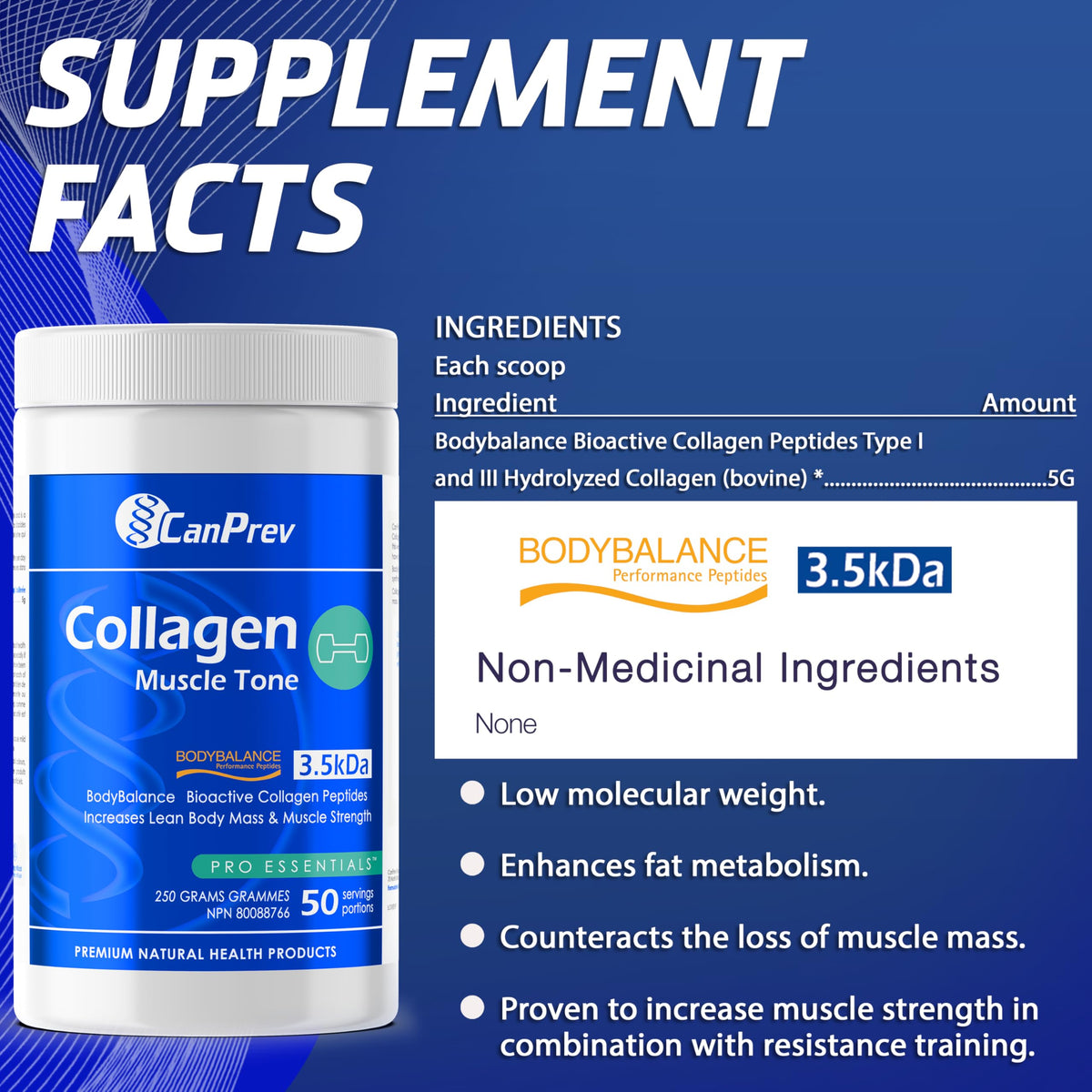 CanPrev Collagen Muscle Tone, Bovine Collagen Peptides, 250g, 50 Servings