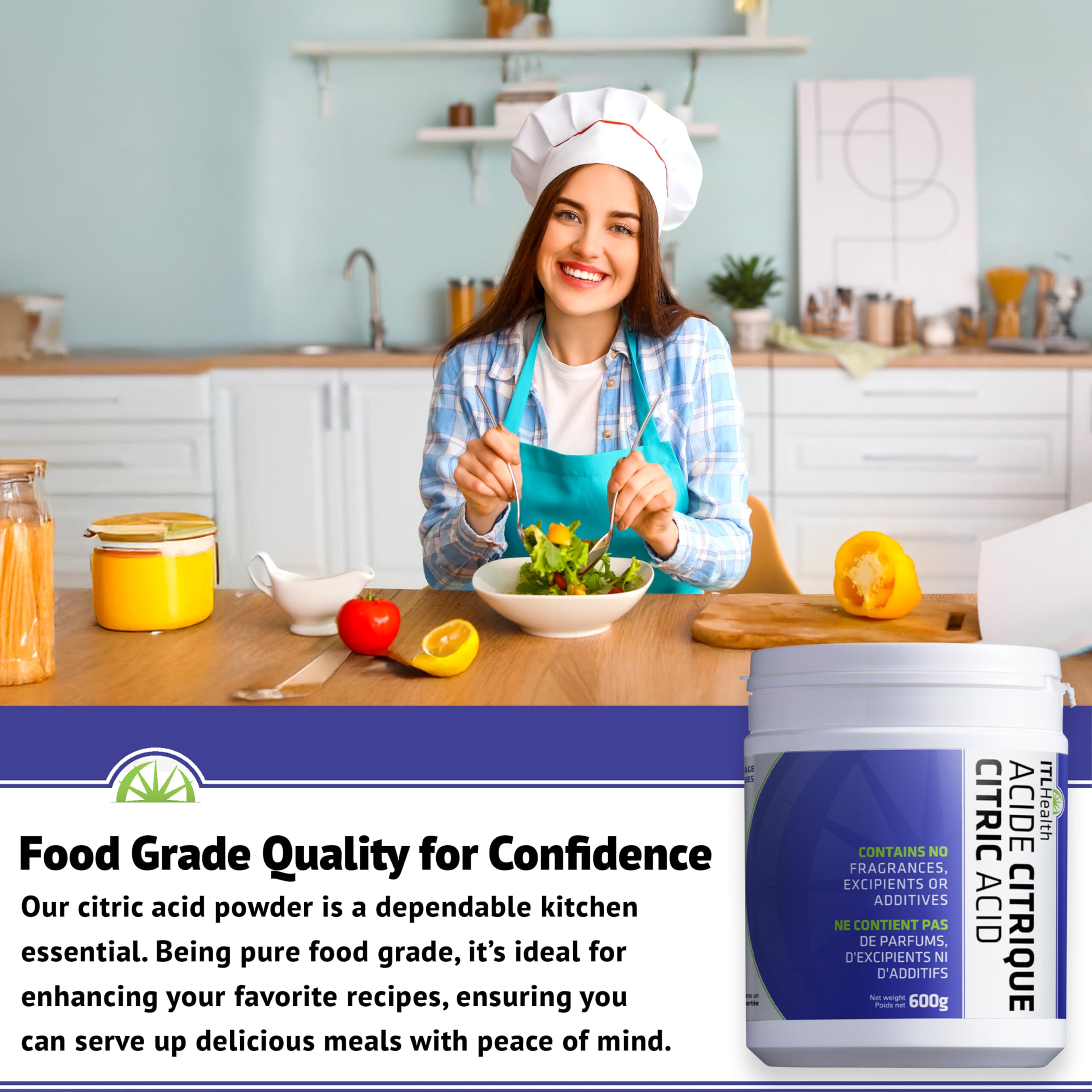 ITL Health Citric Acid Powder 600g - Pure, Food-Grade Quality for DIY Bath Bombs, Descaling & Household Cleaning, Non-GMO, Cleaner, Natural Ingredient for Cooking & a Variety of Home Uses