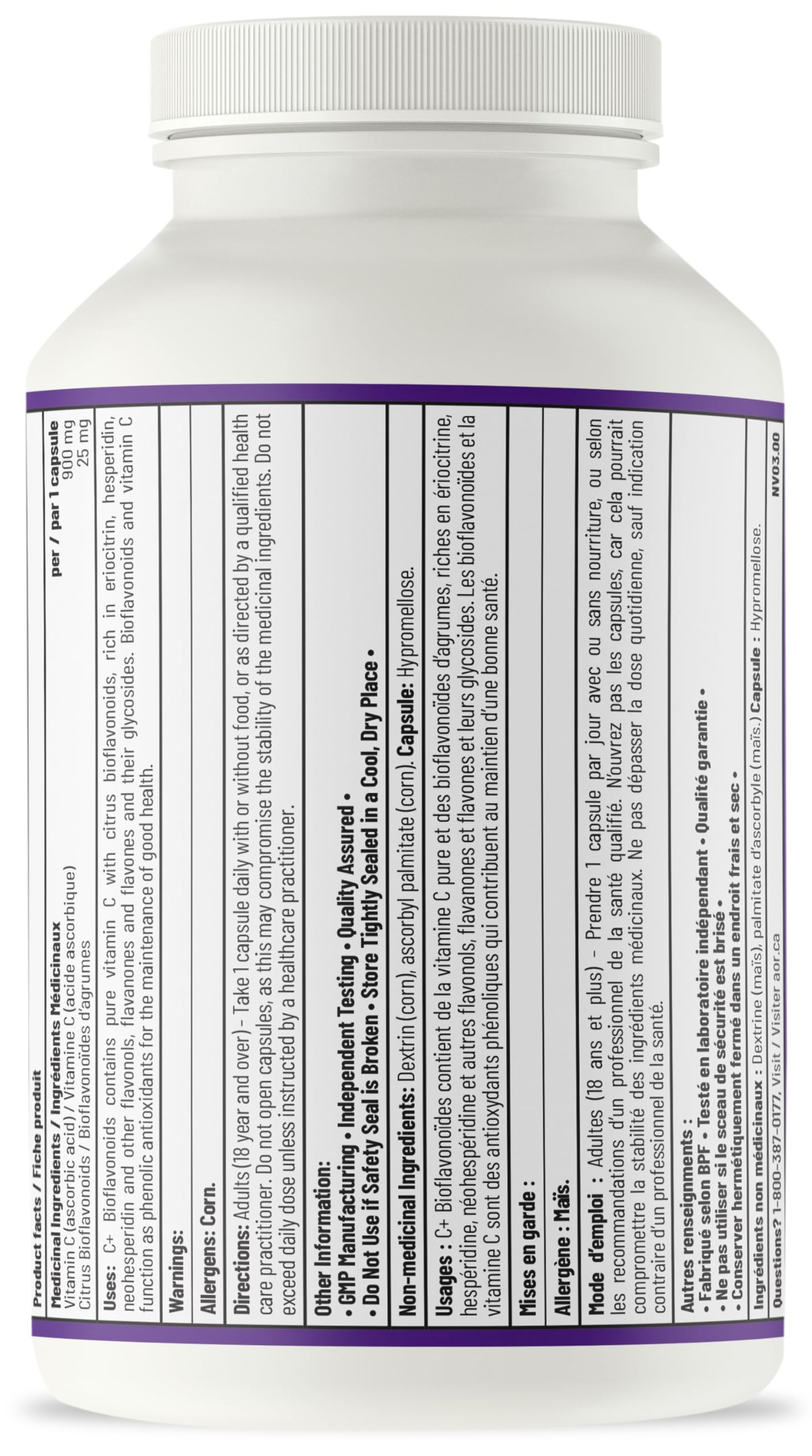 AOR - C+ Bioflavonoïdes 925 mg, 100 capsules - Supplément de vitamine C acide ascorbique avec bioflavonoïdes d'agrumes - Soutien cérébral, santé cardiaque, soutien immunitaire, santé vasculaire et cicatrisation des plaies
