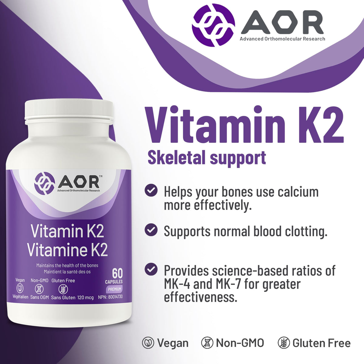 AOR Vitamin K2 MK-7 Vegan Capsules for Adults, MK-4 & MK-7, 60 Day Supply