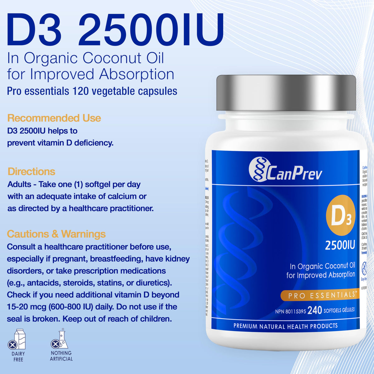 CanPrev Vitamin D3 2500 IU Softgels, MCT Oil, Lanolin-Derived, 240 Softgels
