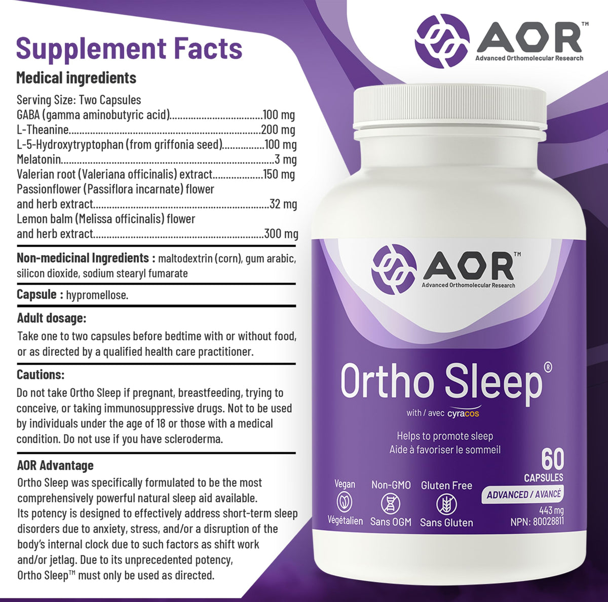 AOR Ortho Sleep Melatonin Capsules for Adults, Jet Lag Support, 60 Capsules