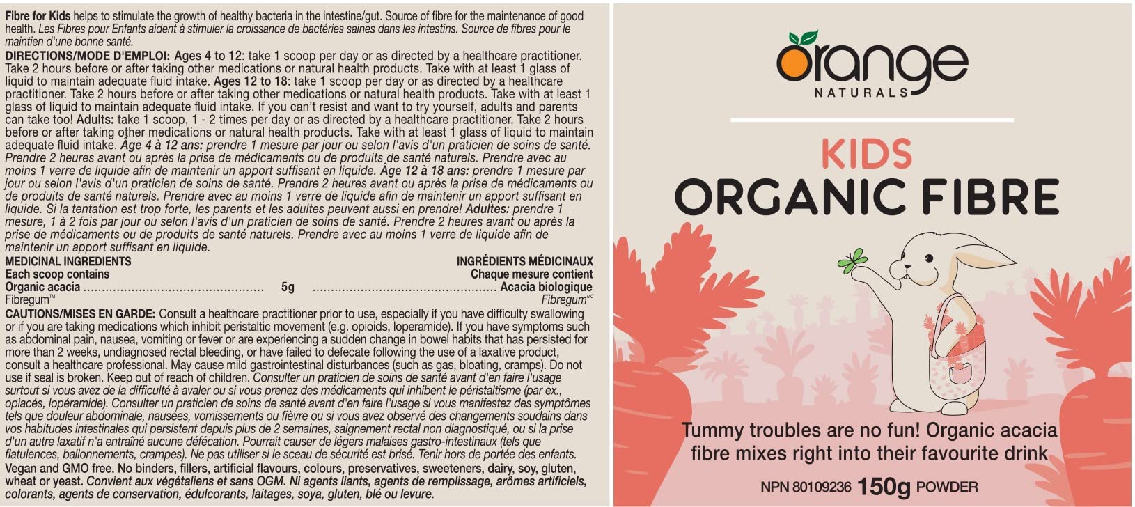 Orange Naturals - Fibres Biologiques pour Enfants, 150g Poudre 30 Portions - Soutient la Santé Intestinale, des Selles Saines et Régulières et Favorise la Santé Globale - Sans Goût et Facile à Mélanger - Végétalien et Sans OGM