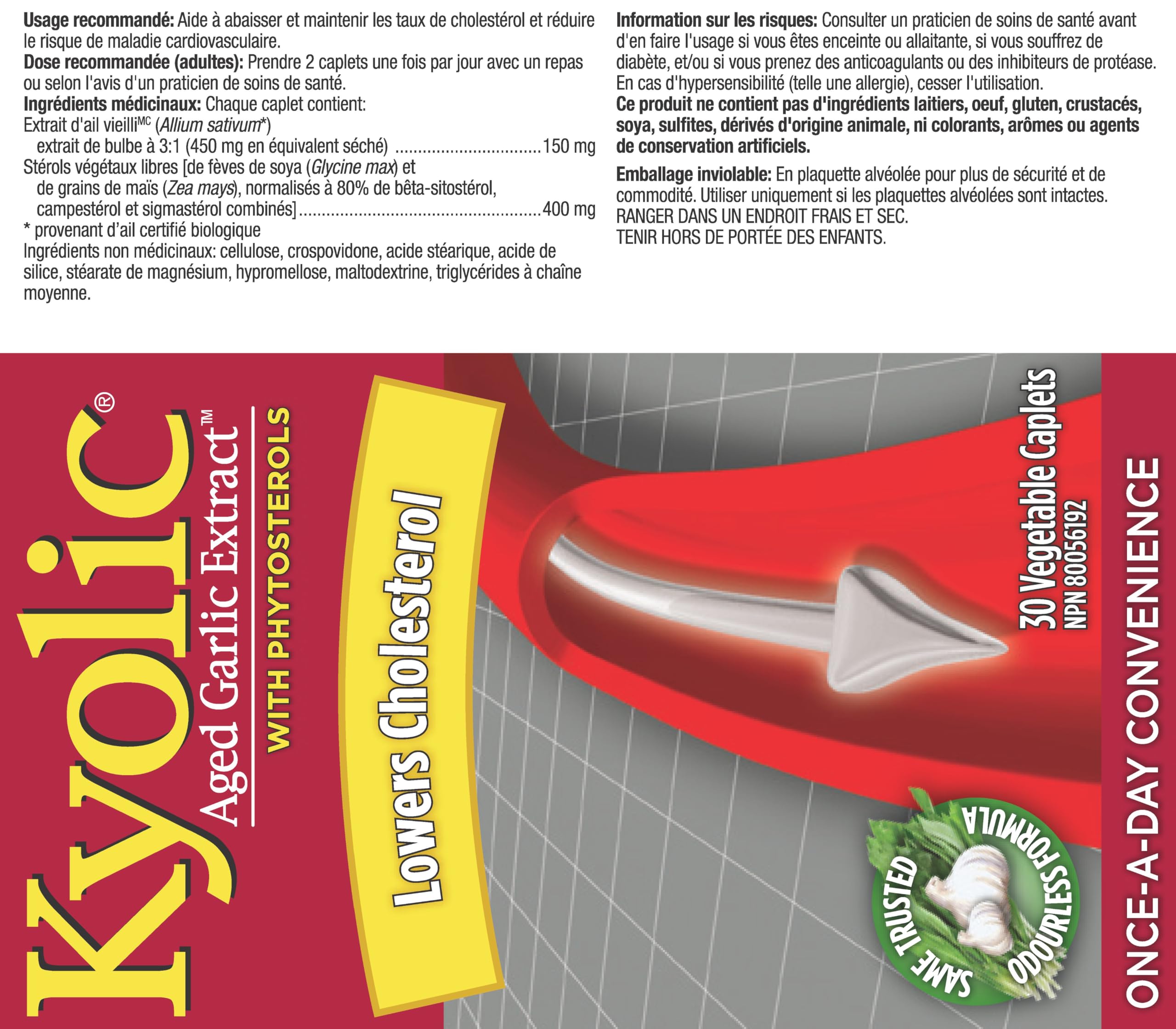 Extrait d'ail vieilli Kyolic avec phytostérols 600 mg, 30 gélules végétales inodores, favorise une bonne circulation et une fonction cardiovasculaire saine, soutient les niveaux d'homocystéine, sans gluten ni produits laitiers