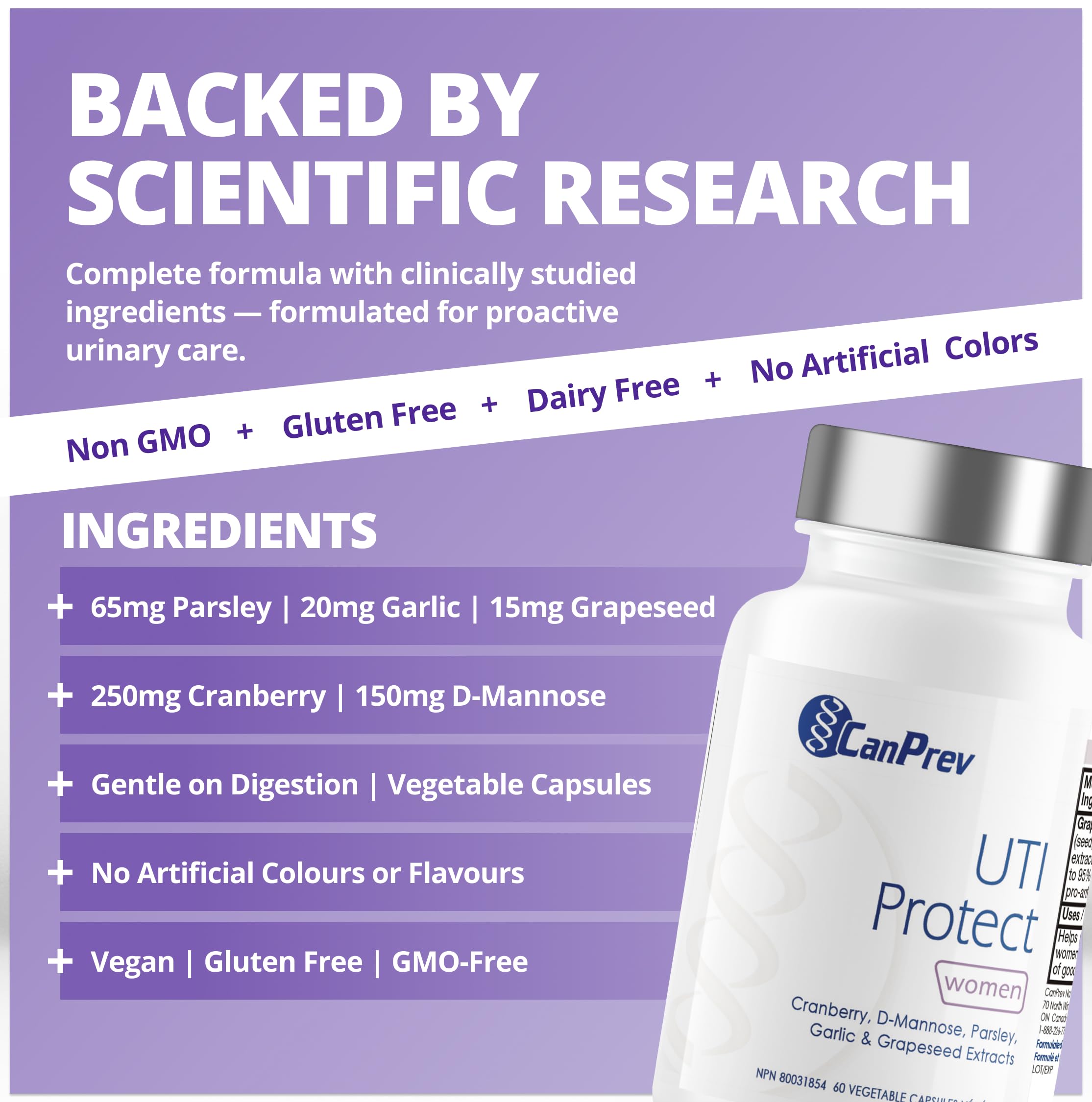 CanPrev UTI Protect, 60 Capsules 30-Day Supply - D-Mannose for Bladder Support with Cranberry, Parsley, Garlic & Grapeseed Extracts, Promotes Bladder Comfort & Urinary Tract Wellness - Vegan & Non-GMO