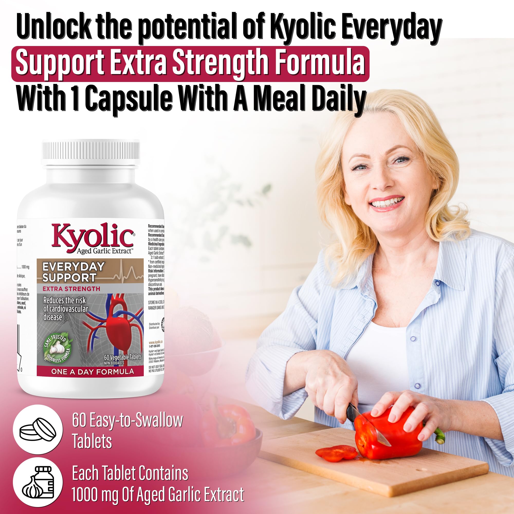 Kyolic - Extrait d'ail vieilli sans odeur soutien quotidien extra fort une fois par jour 1000mg, 60 comprimés végétaux approvisionnement de 60 jours - Suppléments d'ail Kyolic, pilules d'ail - Supplément à base de plantes pour le soutien du bien-être