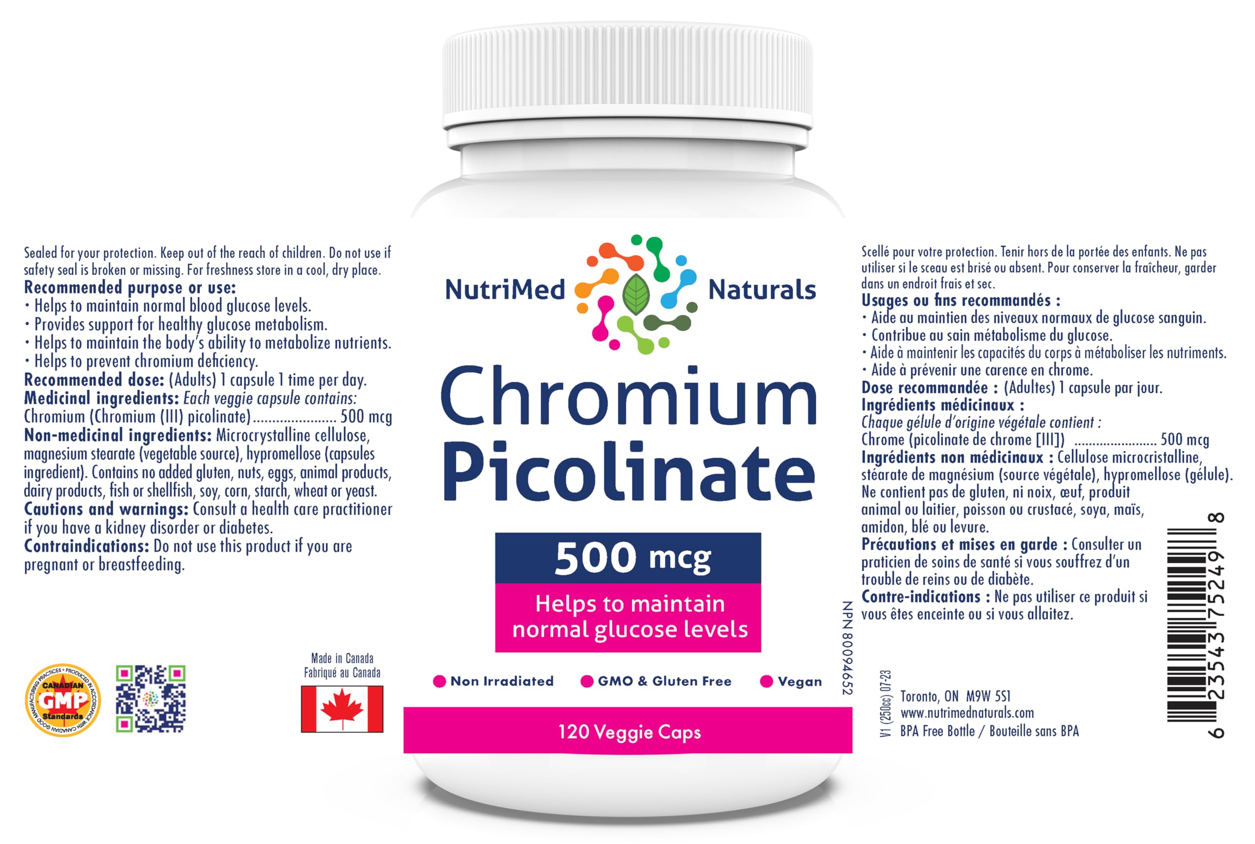 Nutrimed Naturals - Picolinate de chrome 500mcg, 120 Gélules pour 120 Jours - Soutien de la Glycémie et du Sucre Sanguin - Soutien de la Masse Musculaire et du Métabolisme - Testé par un Tiers - Formulé et Fabriqué au Canada