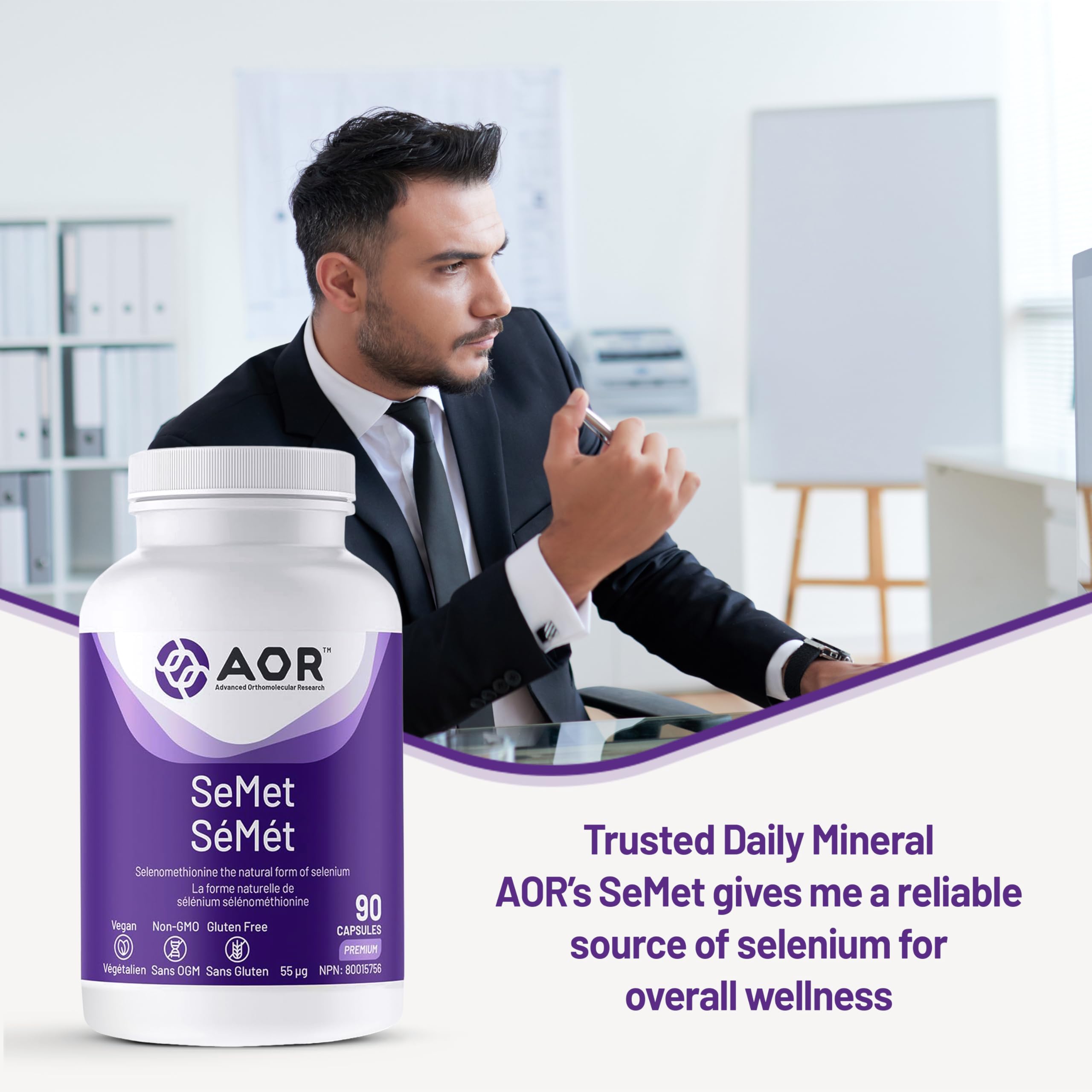 AOR SeMet Selenomethionine 55mcg, 90 Capsules 90-Day Supply - Vegan and Non-GMO - Selenium & Glutathione Formula - Cognitive Function, Cellular Wellness, Thyroid Support and Antioxidant Properties