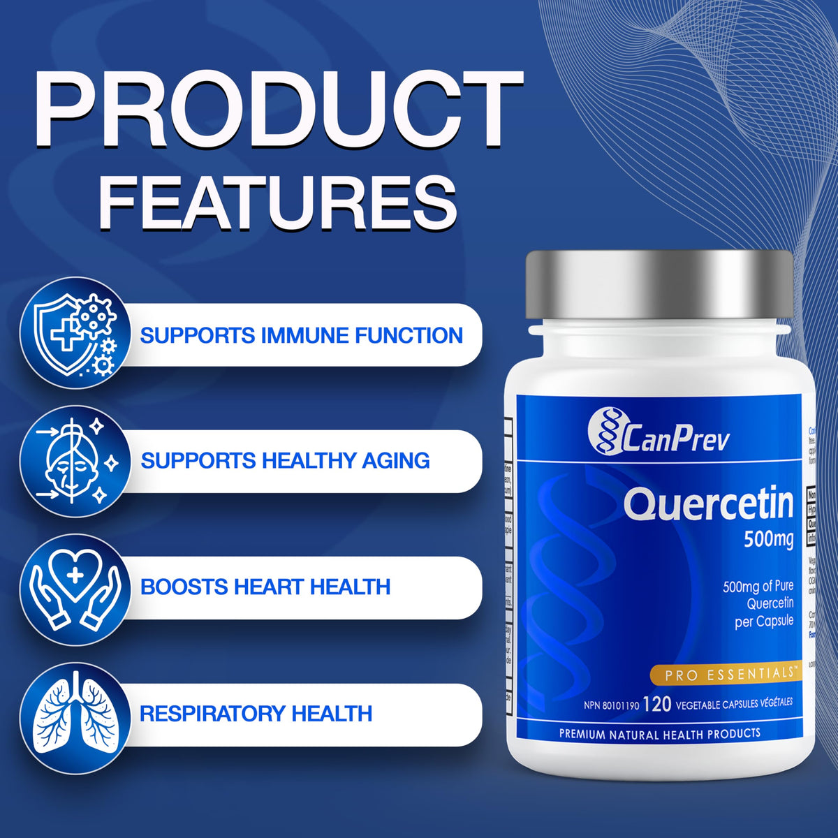 CanPrev Quercetin 500mg Supplement for Adults, Vegan, Non-GMO, 120 Capsules