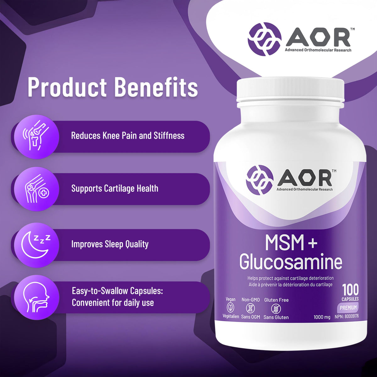 AOR - MSM + Glucosamine 100 Capsules, Vegan Joint Supplement
