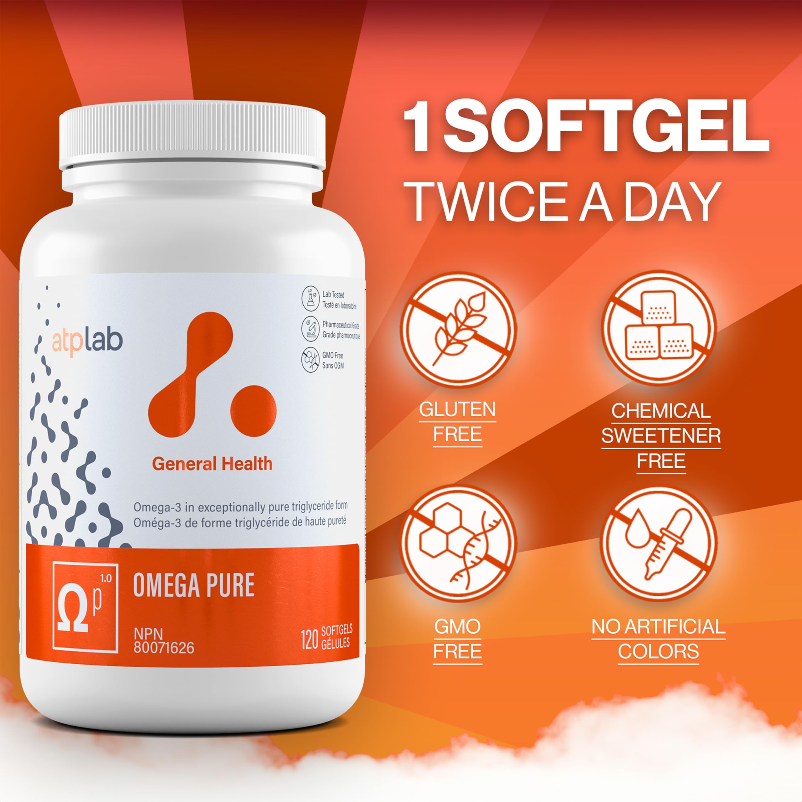 ATP Lab Omega Pure 120 gélules – Approvisionnement de 60 jours – Huile de poisson Oméga-3 TG EPA DHA et vitamine E, sans arrière-goût de poisson, favorise la fonction cérébrale et la santé cardiovasculaire, sans OGM, fabriqué au Canada, facile à avaler
