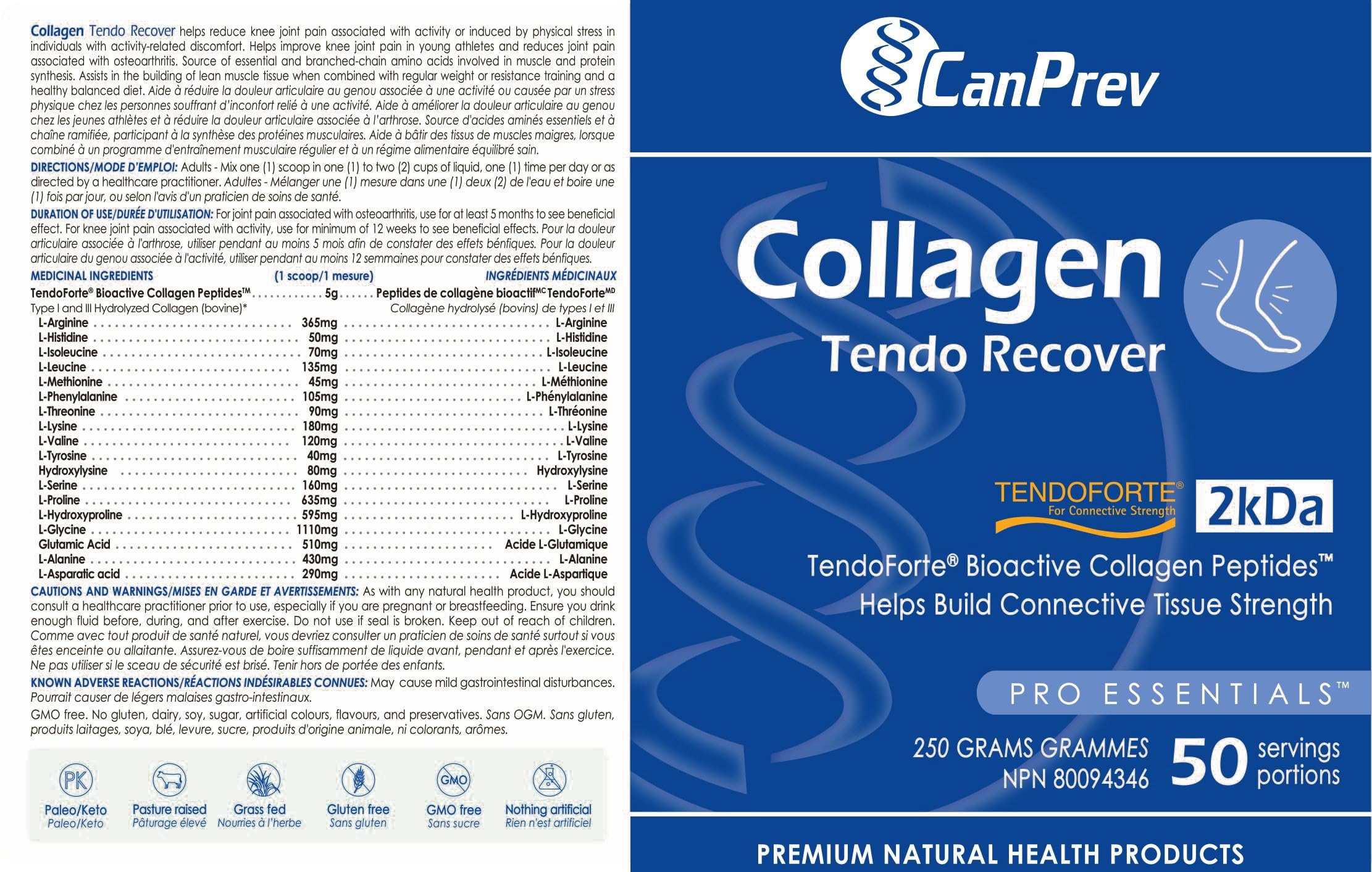 CanPrev Collagen Tendo Recover Powder for Men & Women 250g 50-Servings, Unflavoured - Bioactive Collagen Peptides for Joint Strength - Supports Healthy Skin, Hair, & Nails - Hydrolyzed for Absorption