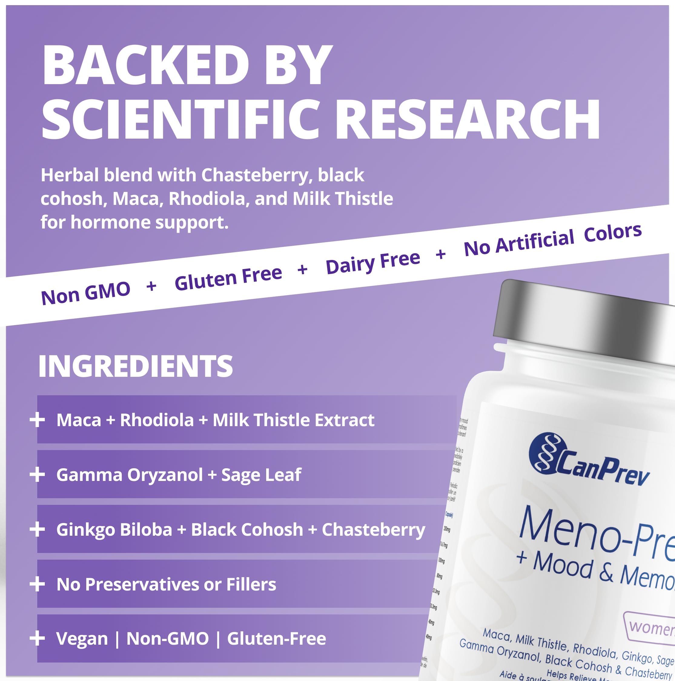 CanPrev Meno-Prev + Mood & Memory, 120 V-Caps 40-Day Supply - Menopause Support Supplement for Women - With Maca, Milk Thistle, Ginkgo, Rhodiola - Helps with Hot Flashes & Night Sweat - Memory Support