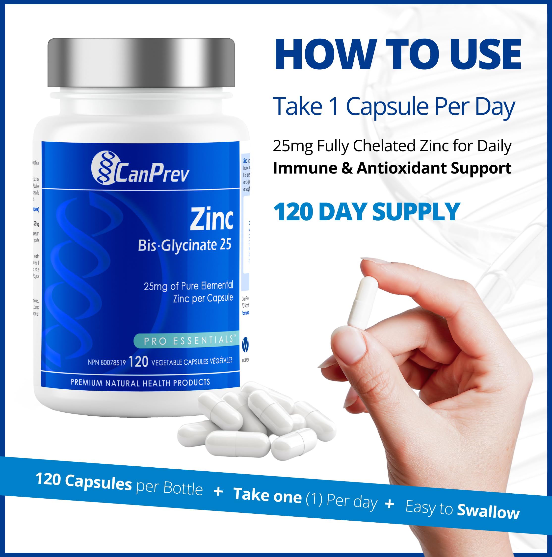 CanPrev Zinc Bis-Glycinate 25mg de zinc élémentaire pur par capsule - Produits de Santé Naturels