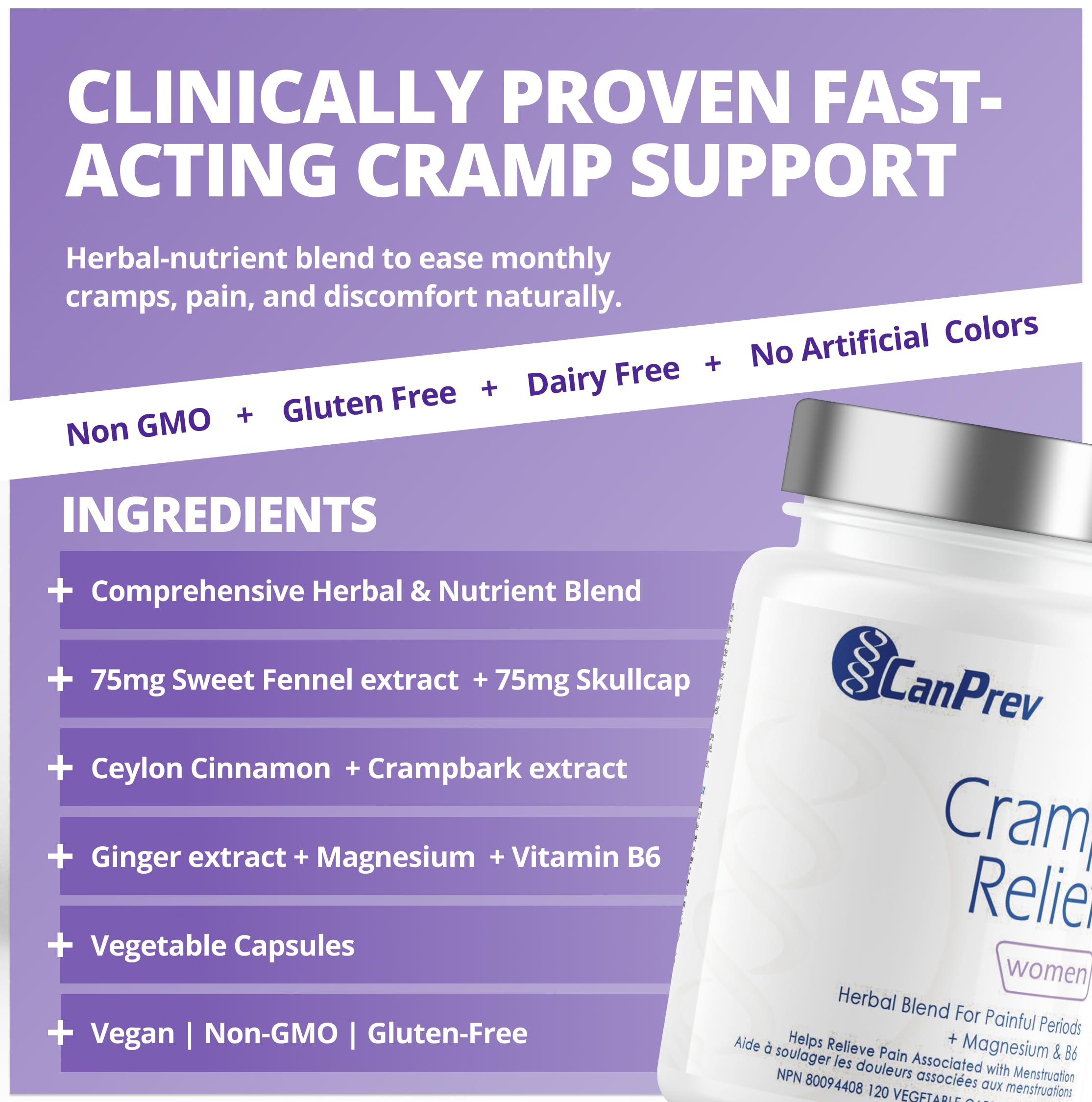 CanPrev Cramp Relief Women, 120 gélules végétaliennes (approvisionnement de 30 jours) - Soulage les spasmes musculaires et la douleur associés aux menstruations - Soulage la nervosité et la tension associées aux règles douloureuses