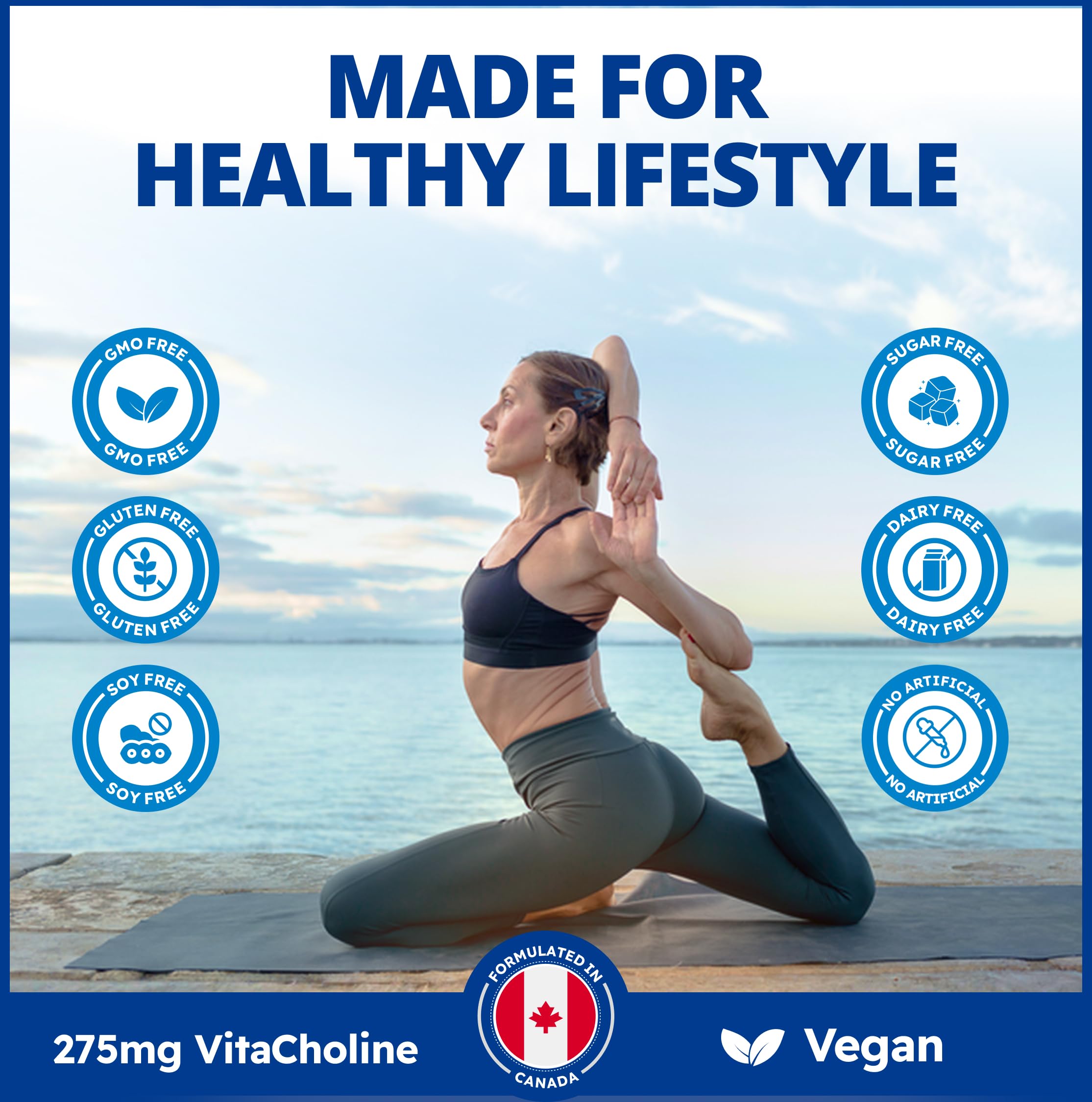 CanPrev Choline 275mg 90 Veggie Capsules, 90-Day Supply, VitaCholine for Cognitive Function, Memory & Focus, Vegan, Non-GMO, Gluten & Soy-Free, Supports Pregnancy, Liver & Heart Health, Made in Canada