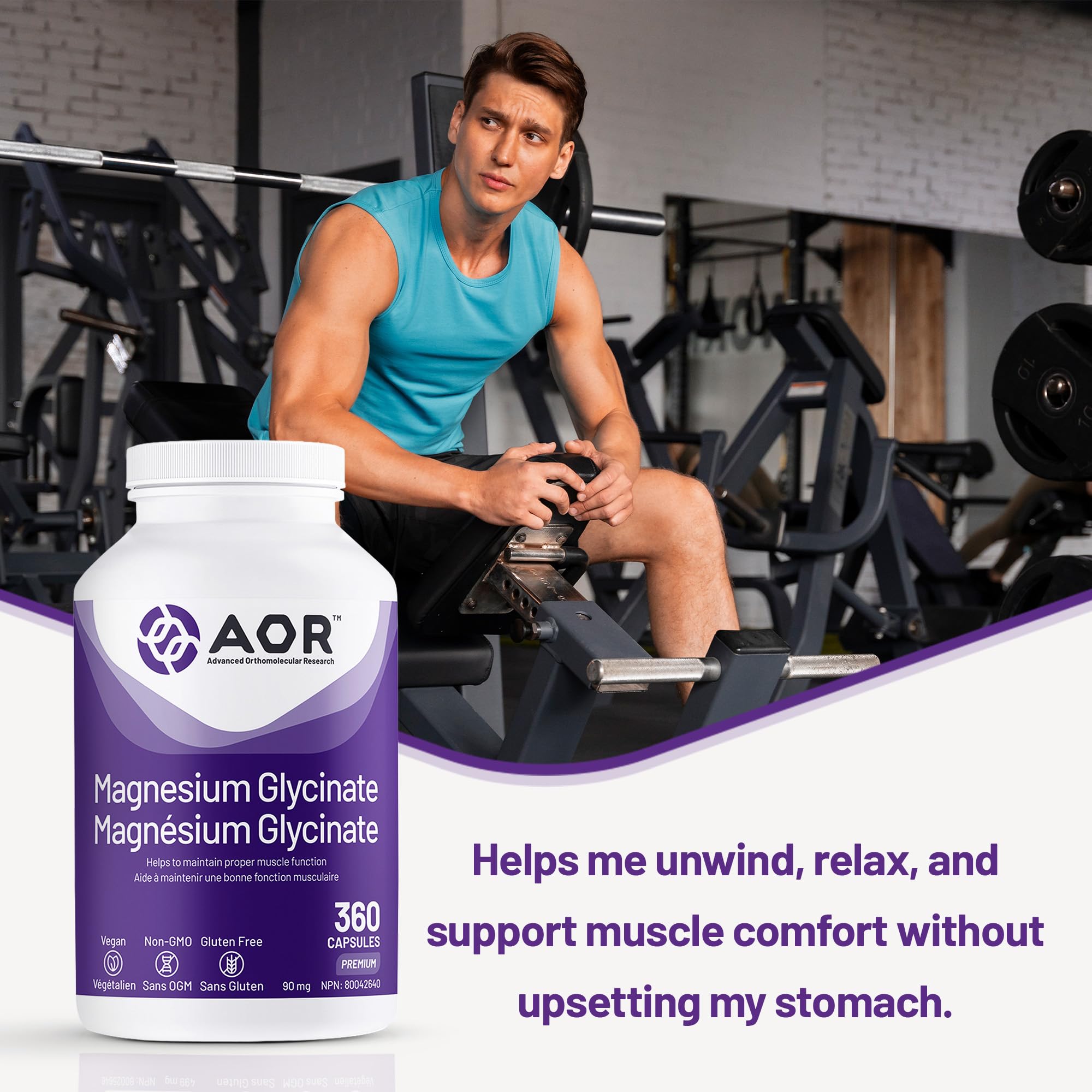 AOR Magnésium Glycinate, 90 mg, Favorise une fonction musculaire et un métabolisme optimaux, Soutien cardiovasculaire, Confort musculaire et cycles menstruels équilibrés, Végétalien et sans OGM