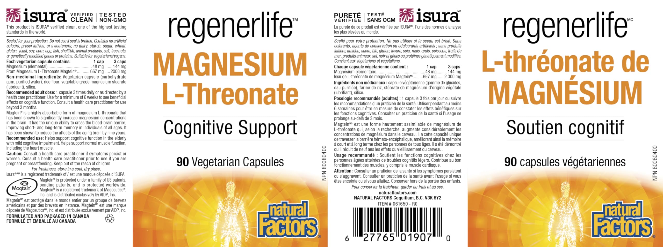 Natural Factors Regenerlife Magnesium L-Threonate, 90 Vegetarian Capsules, Easily Absorbed Form of Magnesium, Supports Cognitive Function