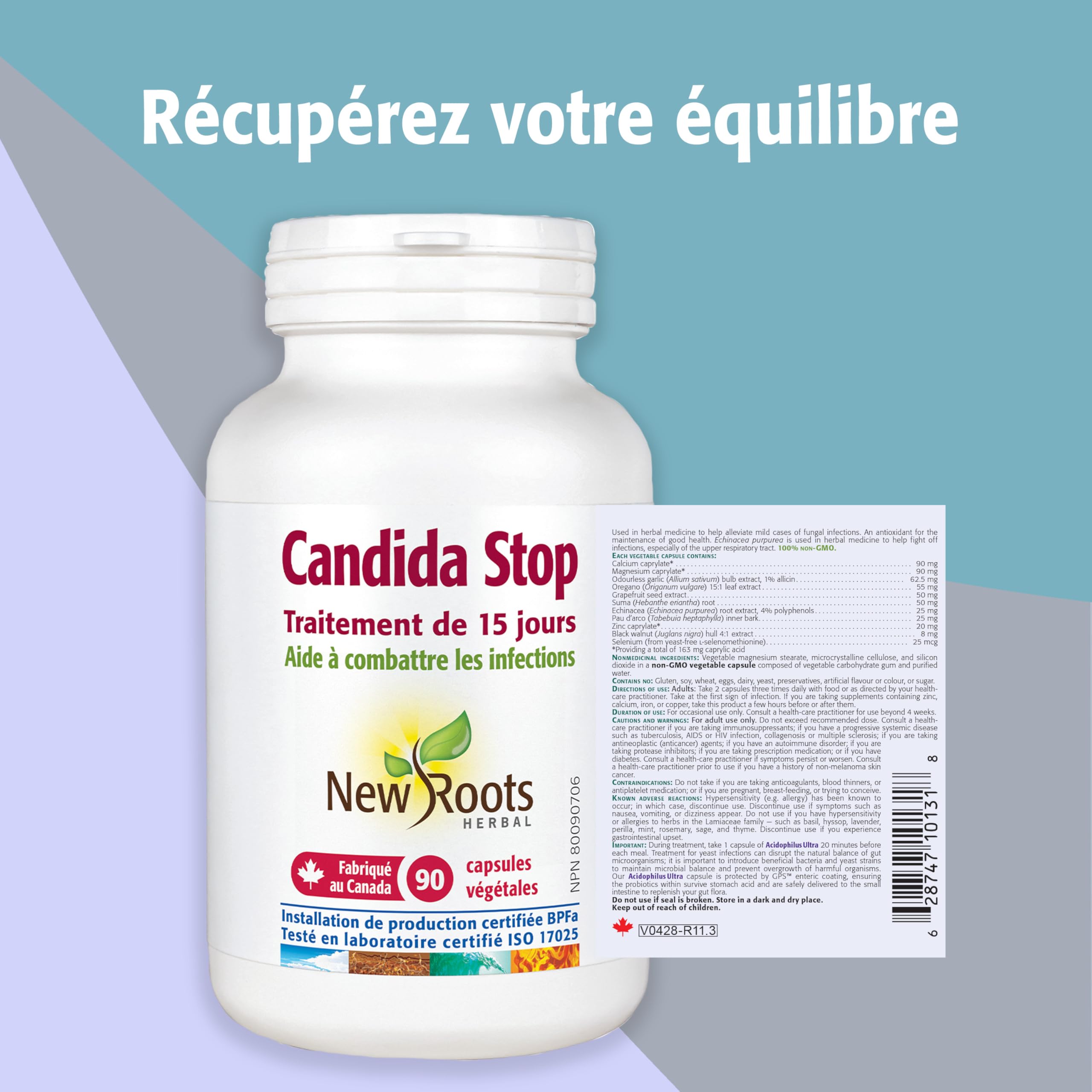New Roots Herbal - Candida Stop, 90 gélules végétales - Supplément de nettoyage de la candidose - Favorise la santé digestive, améliore les affections cutanées, soutient la santé cérébrale et réduit les envies de sucre