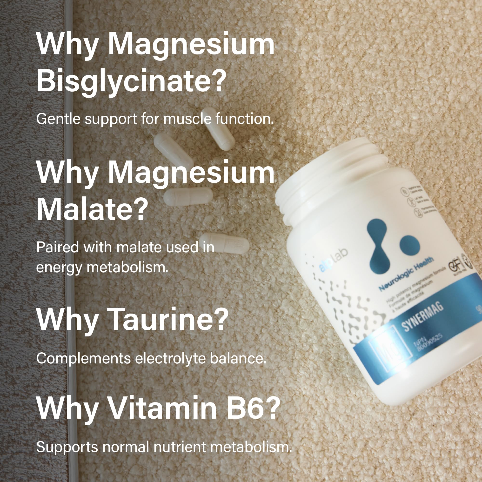 ATP LAB - Synermag 90 gélules - Cure de 90 jours - Bisglycinate et malate de magnésium, taurine et vitamine B6 hautement concentrés - Santé des os, des muscles et des dents