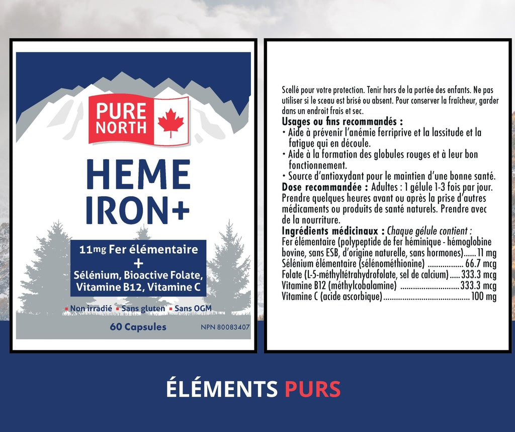 Pure North Naturals - Heme Iron Supplement, 60 Capsules 60-Day Supply - 11mg Elemental Iron + Selenium, Bioactive Folate, Vitamin B12, Vitamin C - 3rd Party Tested - Formulated & Made in Canada