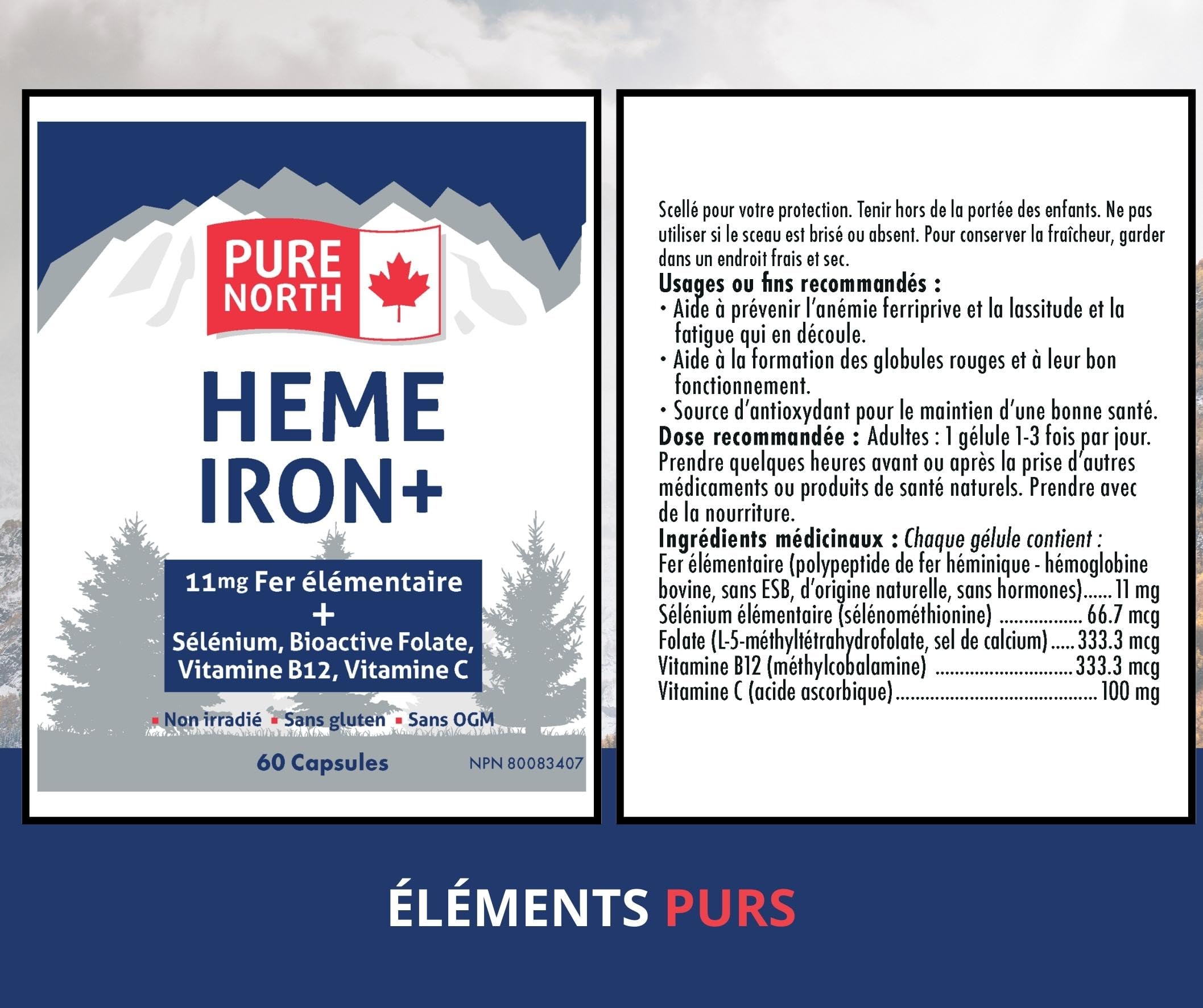 Pure North Naturals - Supplément de Fer Héminique, 60 capsules (pour 60 jours) - 11 mg de Fer Élémentaire + Sélénium, Folate Bioactif, Vitamine B12, Vitamine C - Testé par une Tierce Partie - Formulé et Fabriqué au Canada