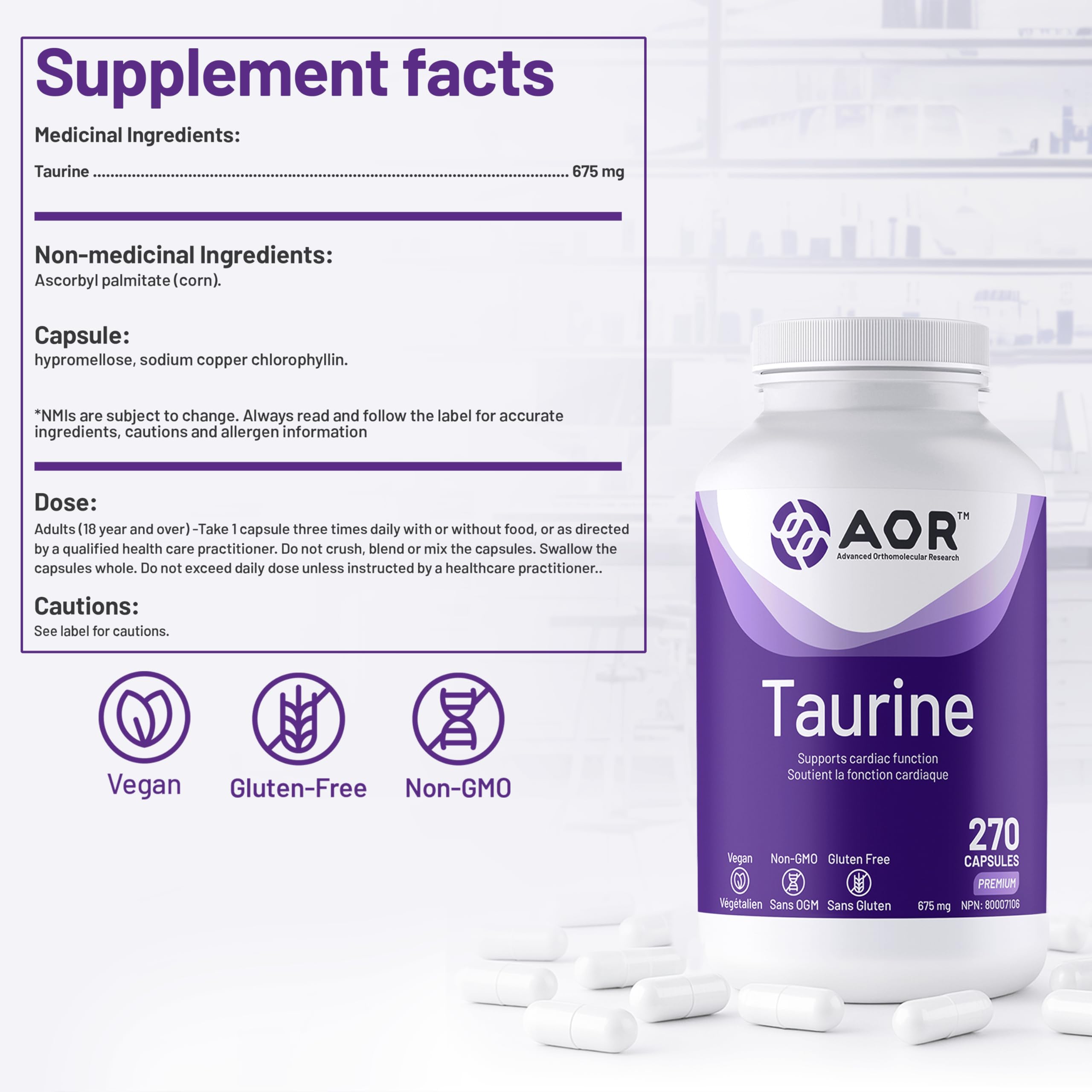AOR Taurine Gélules 675mg, 270 Comprimés, Approvisionnement de 90 Jours, Supplément de Taurine Végétalienne Pure, Soutient la Fonction Cardiaque et Nerveuse, Sans OGM, Sans Gluten, Aide à Maintenir le Bien-être Général et le Soutien Cardiovasculaire