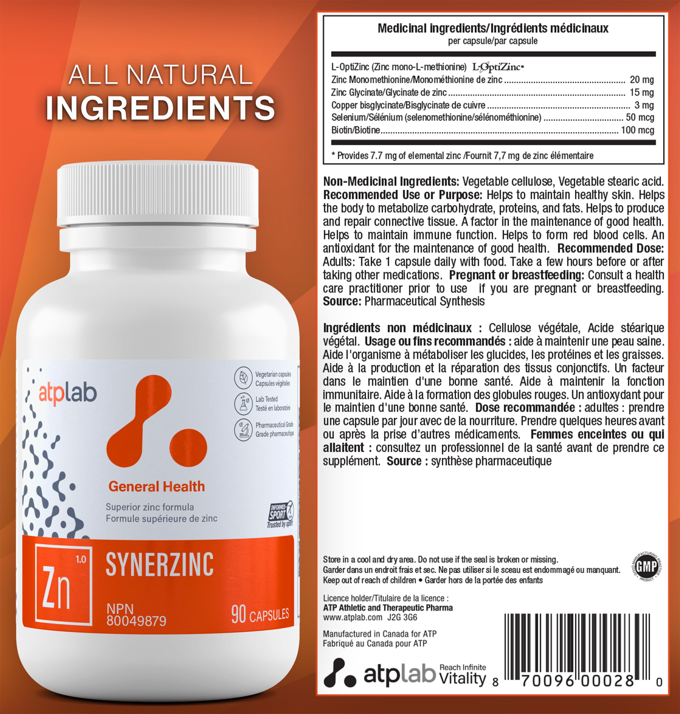 ATP LAB - Synerzinc, 90 Capsules 90-Day Supply - Zinc Supplement An Essential Mineral - Helps to Maintain Healthy Skin and Immune Function - Helps to Produce and Repair Connective Tissue