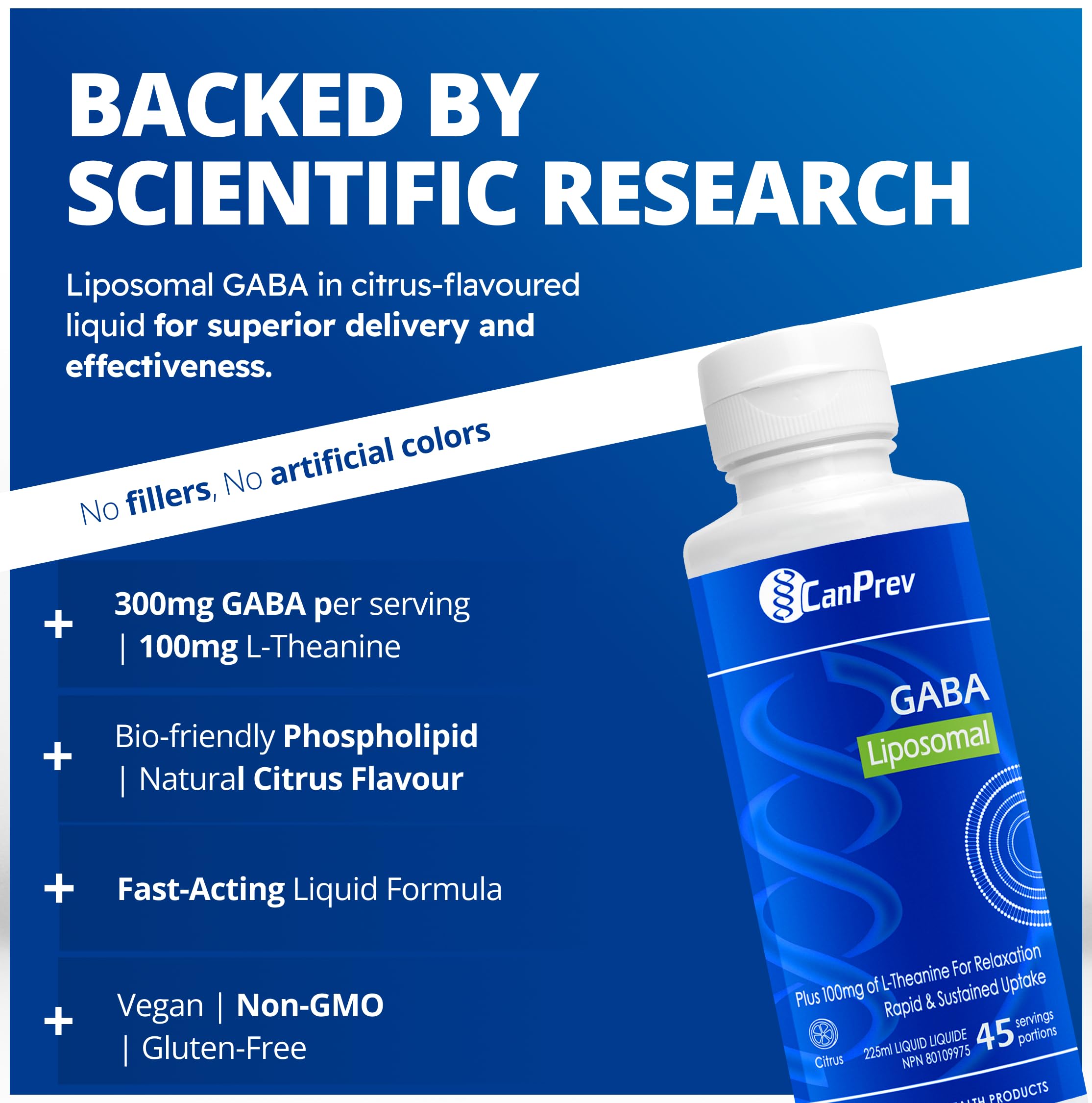 CanPrev - GABA Liposomal, 225 ml Liquide 45 Portions, Saveur Agrumes - GABA avec L-Théanine pour la Clarté Mentale et la Relaxation, la Sérénité, le Soutien au Sommeil, la Santé Cérébrale - Végétalien, Sans OGM et Sans Gluten