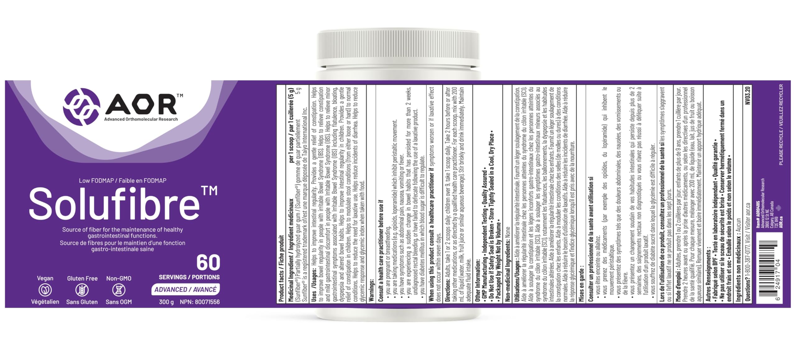 AOR - SoluFibre Poudre, 300 g 60 portions - Gomme de guar partiellement hydrolysée Sunfiber pour le confort digestif et la régularité - Végétalien, sans OGM et sans gluten - Supplément de fibres prébiotiques douces - Fibres solubles