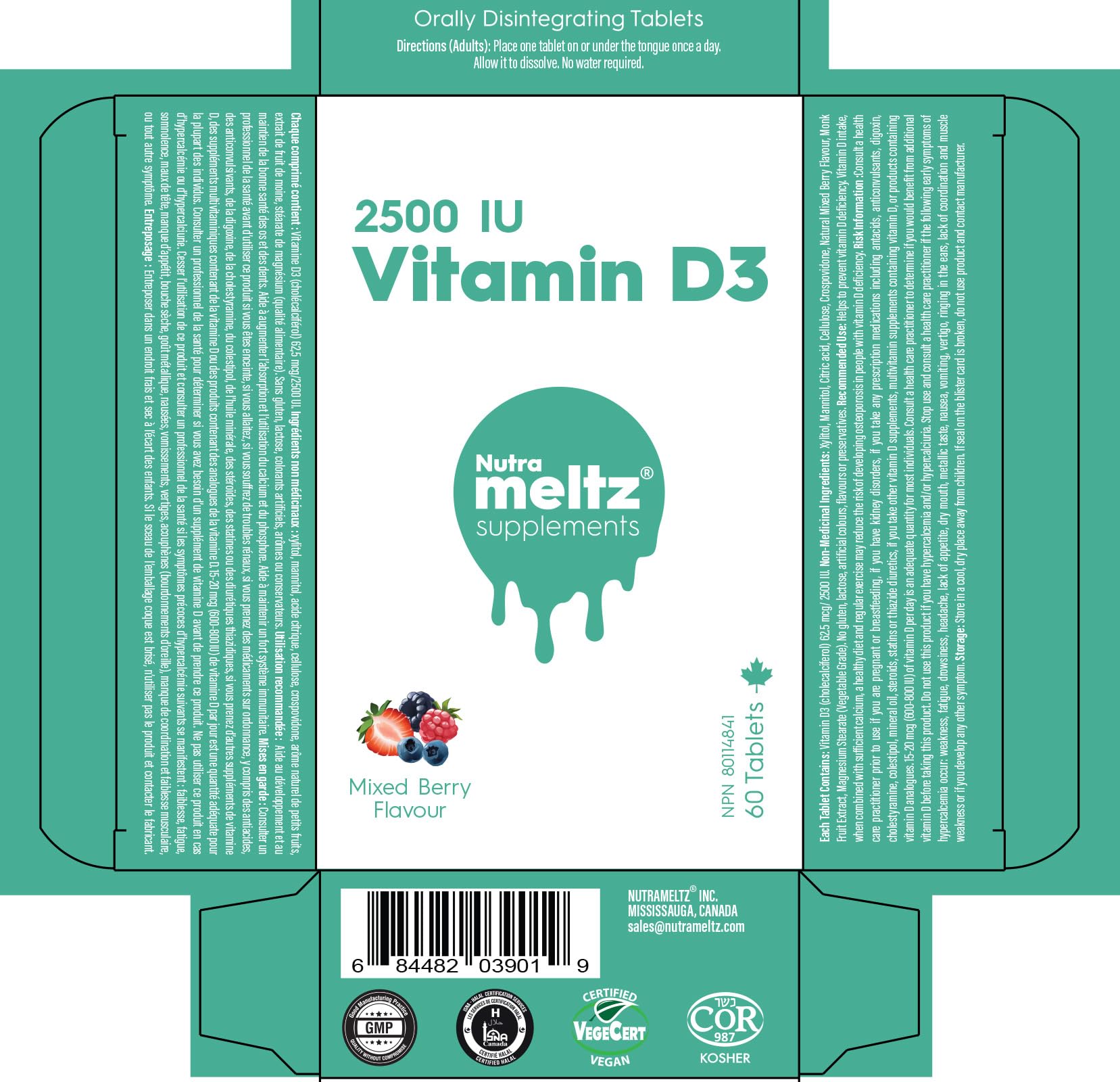 Nutrameltz Vitamin D3 2500 IU, 60 Quick-Dissolve Tablets with Mixed Berry Flavor 60-Day Supply - Melt-in-Mouth Supplement for Adults - Travel-Friendly - Sugar, Soy, Dairy & Gluten-Free - Canadian Made