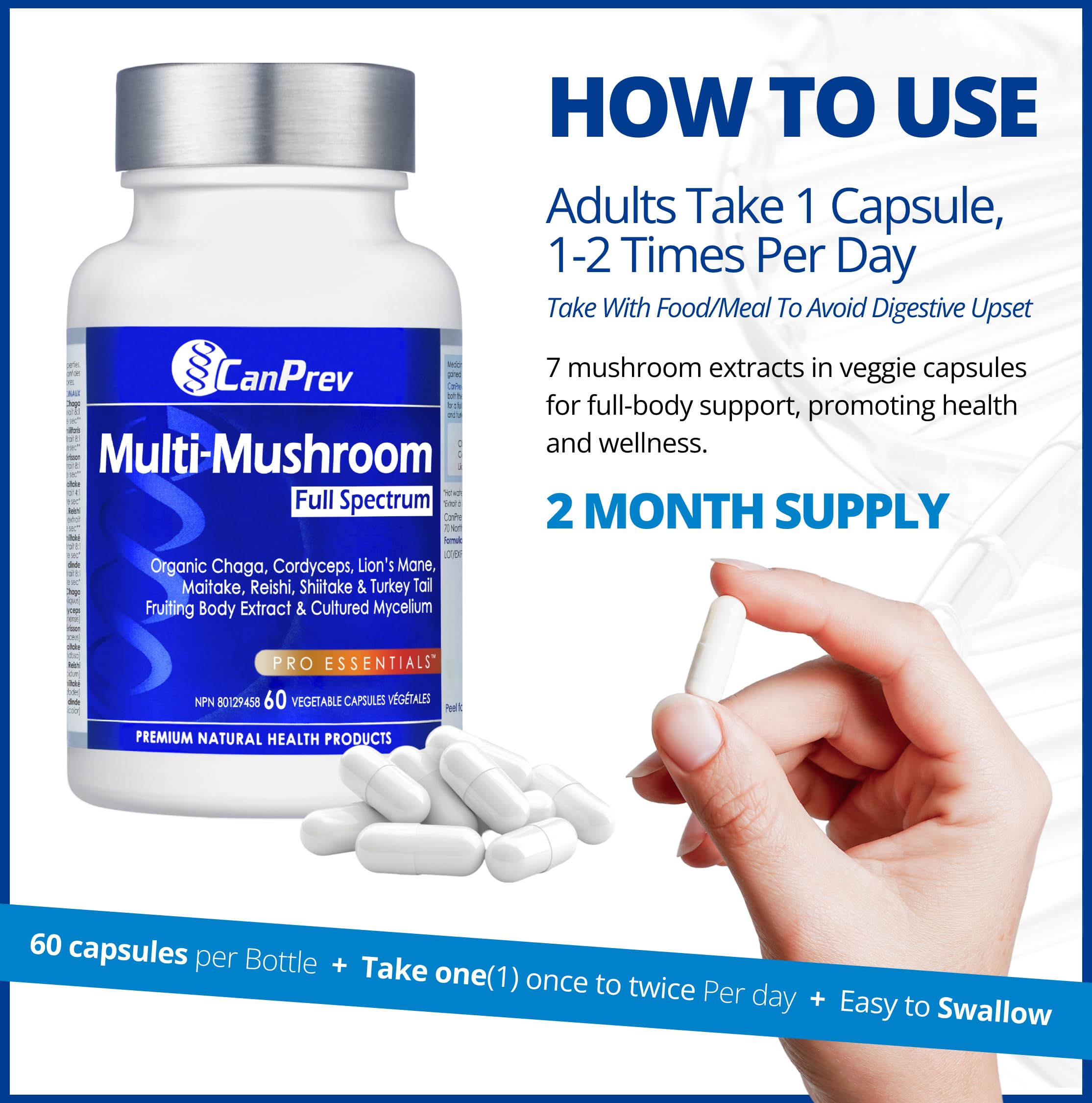 CanPrev Multi-Mushroom Full Spectrum Supplement, 60 Vegan Capsules, 60-Day Supply, Includes Organic Chaga, Cordyceps, Lion's Mane, Maitake, Reishi, Shiitake & Turkey Tail for Daily Wellness Support