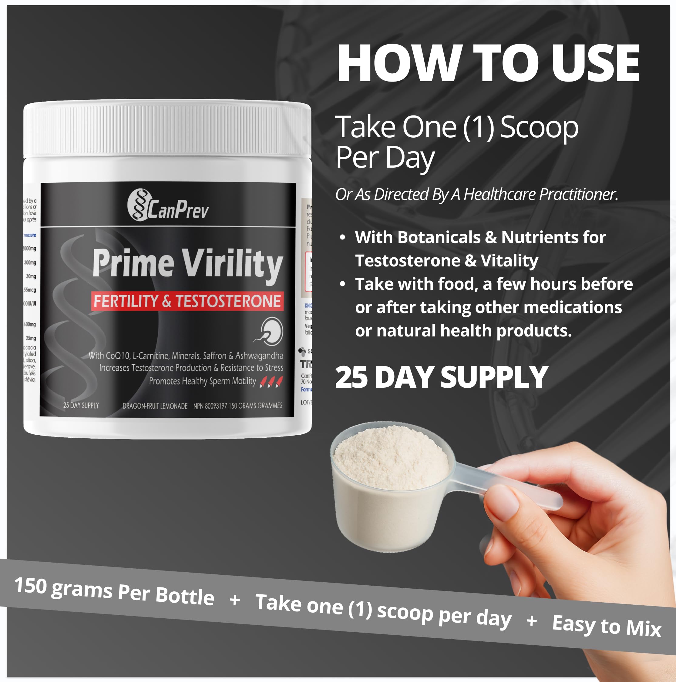 CanPrev Prime Virilité, Poudre 150g - Supplément de fertilité et de testostérone pour hommes avec Ashwagandha KSM-66, Glycinate de Zinc, CoQ10 et Safran - Soutien au bien-être pour la vitalité et l'équilibre