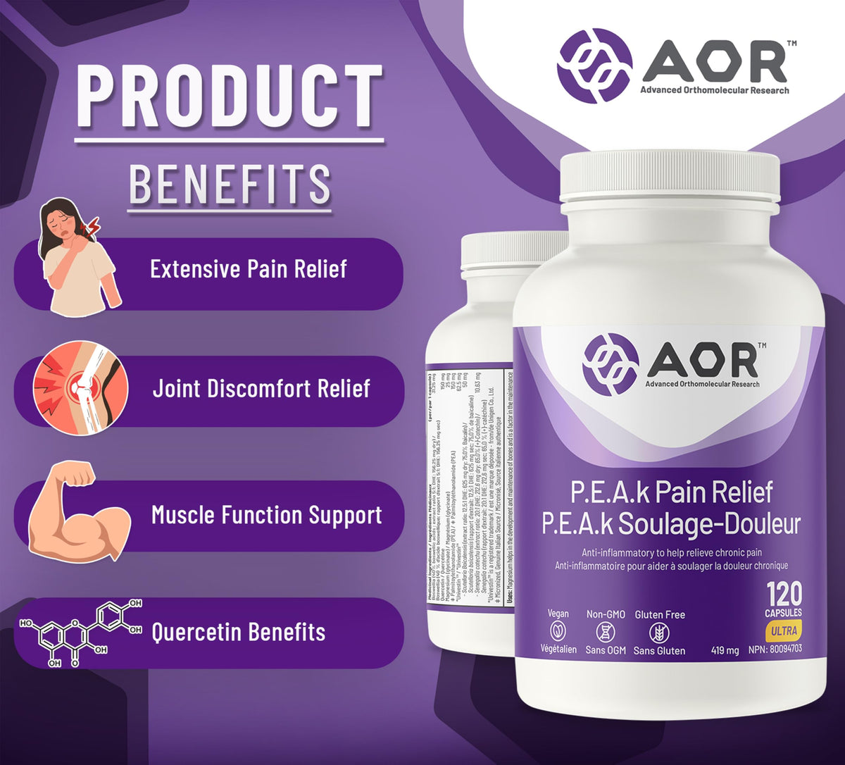 AOR P.E.A.K Pain Relief PEA, Univestin, Magnesium Glycinate, 120 Caps