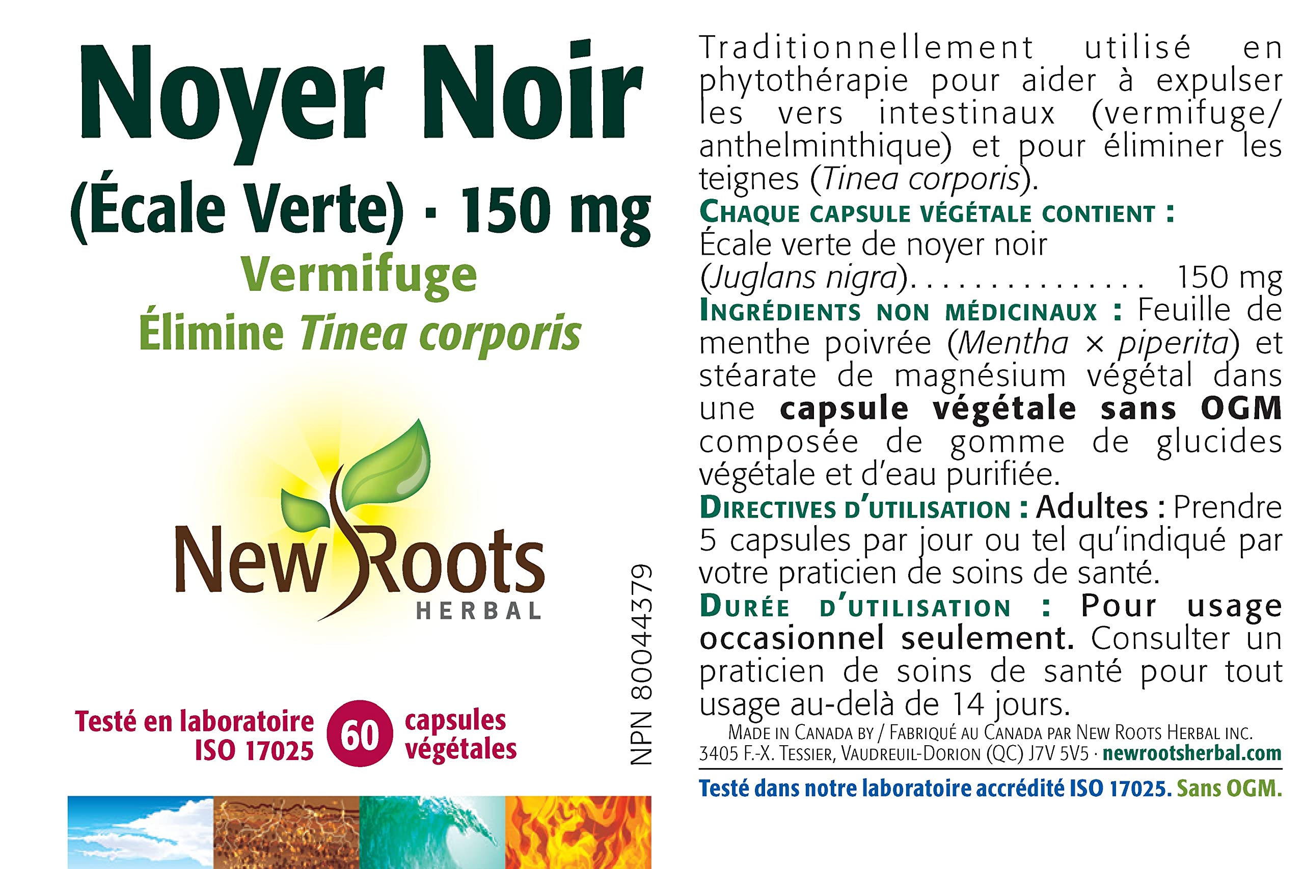 New Roots Herbal - Brou de Noyer Noir, 150 mg 60 Capsules - Vermifuge Élimine la Teigne du Corps - Juglans Nigra pour les Vers Intestinaux et Éliminer la Teigne - Sans Gluten