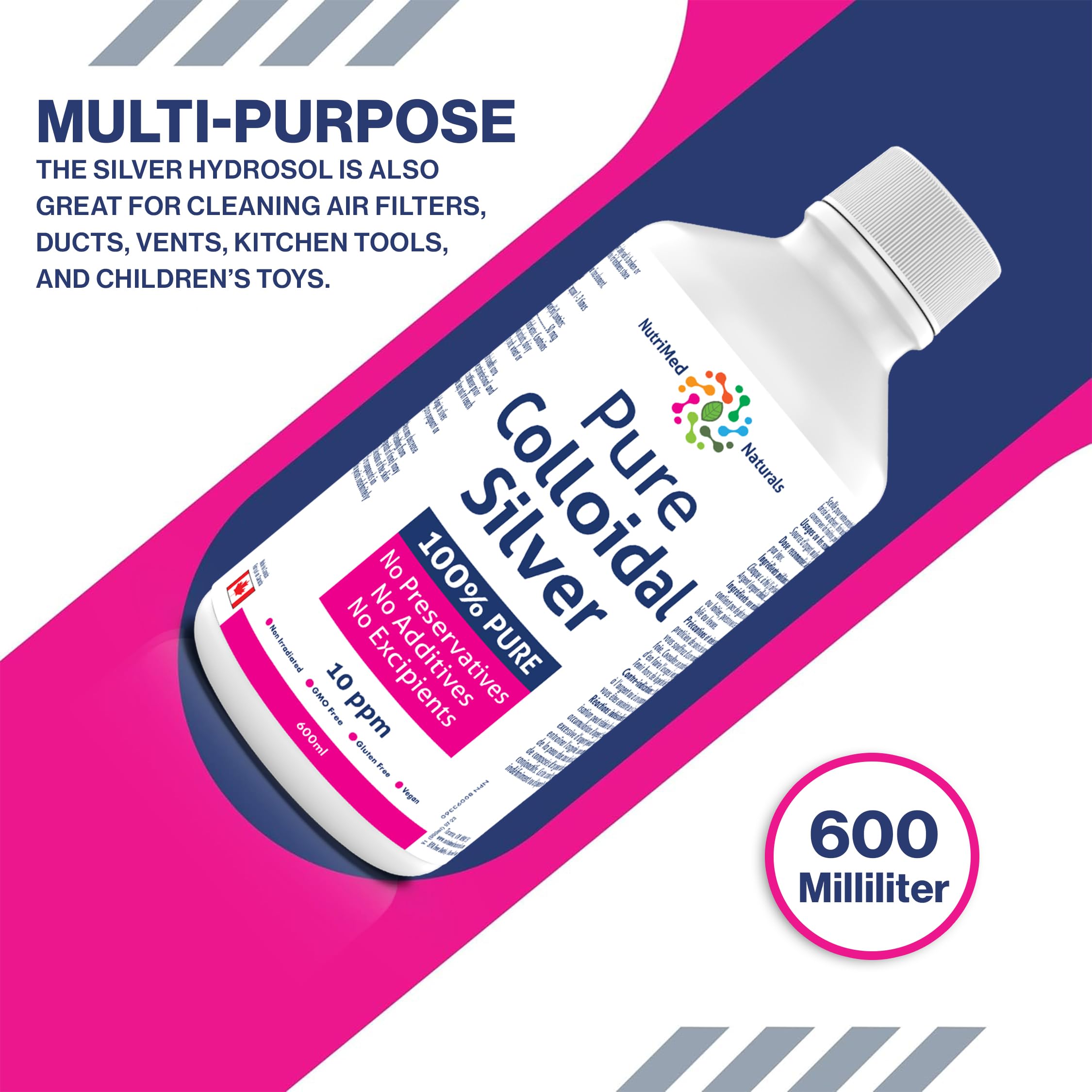 Nutrimed Naturals - Pure Colloidal Silver 10ppm, 600ml Liquid 120-Servings - Helps Support your Immune System and Overall Vitality - Vegan & Non-GMO - 3rd Party Tested - Formulated & Made in Canada