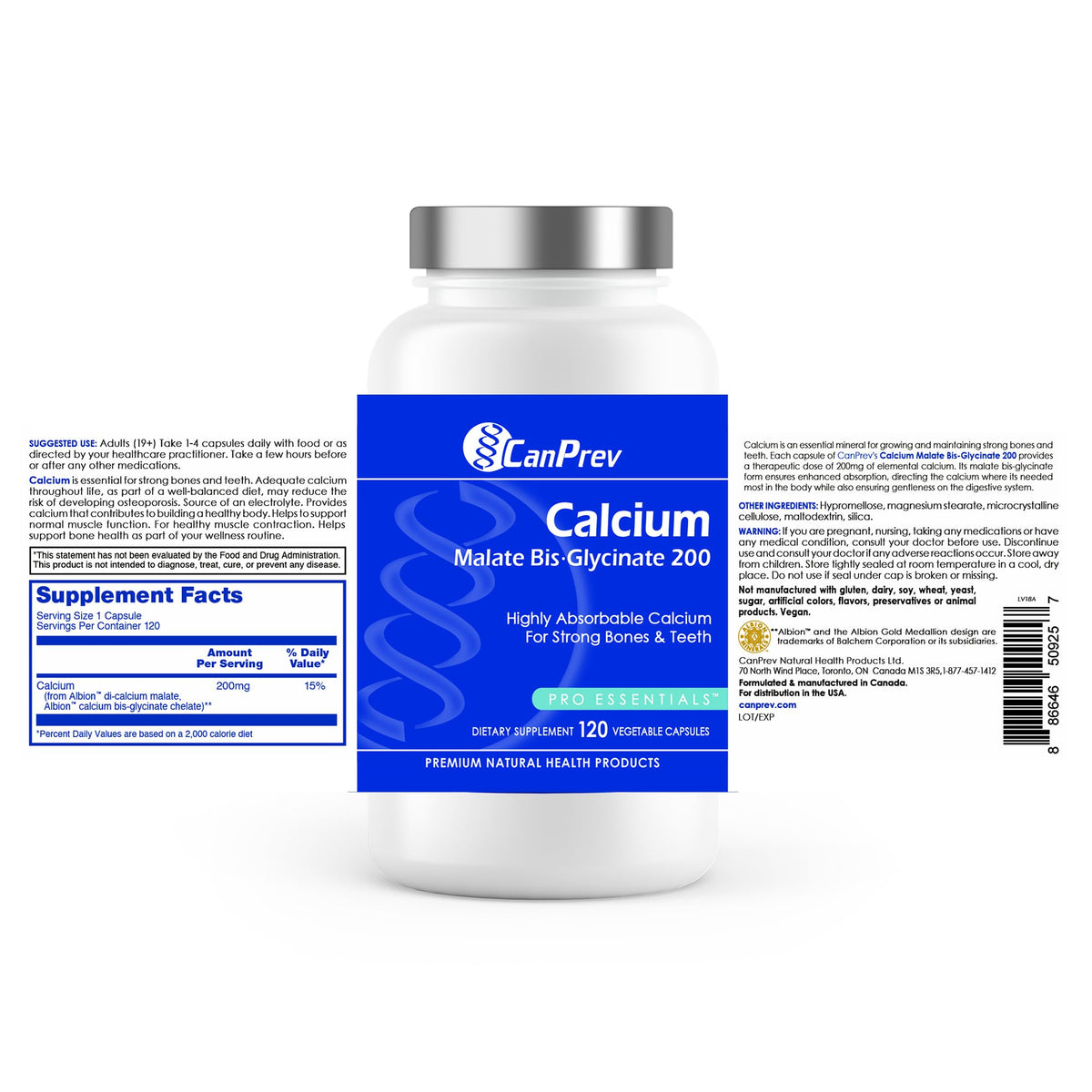 CanPrev Calcium Supplements, Bis-Glycinate Capsules, 200 mg, 120 Capsules
